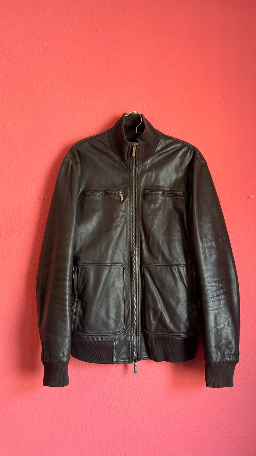 Vintage Early 2000s Dark Brown Lamb Leather Jacket by Calvin Klein Collection