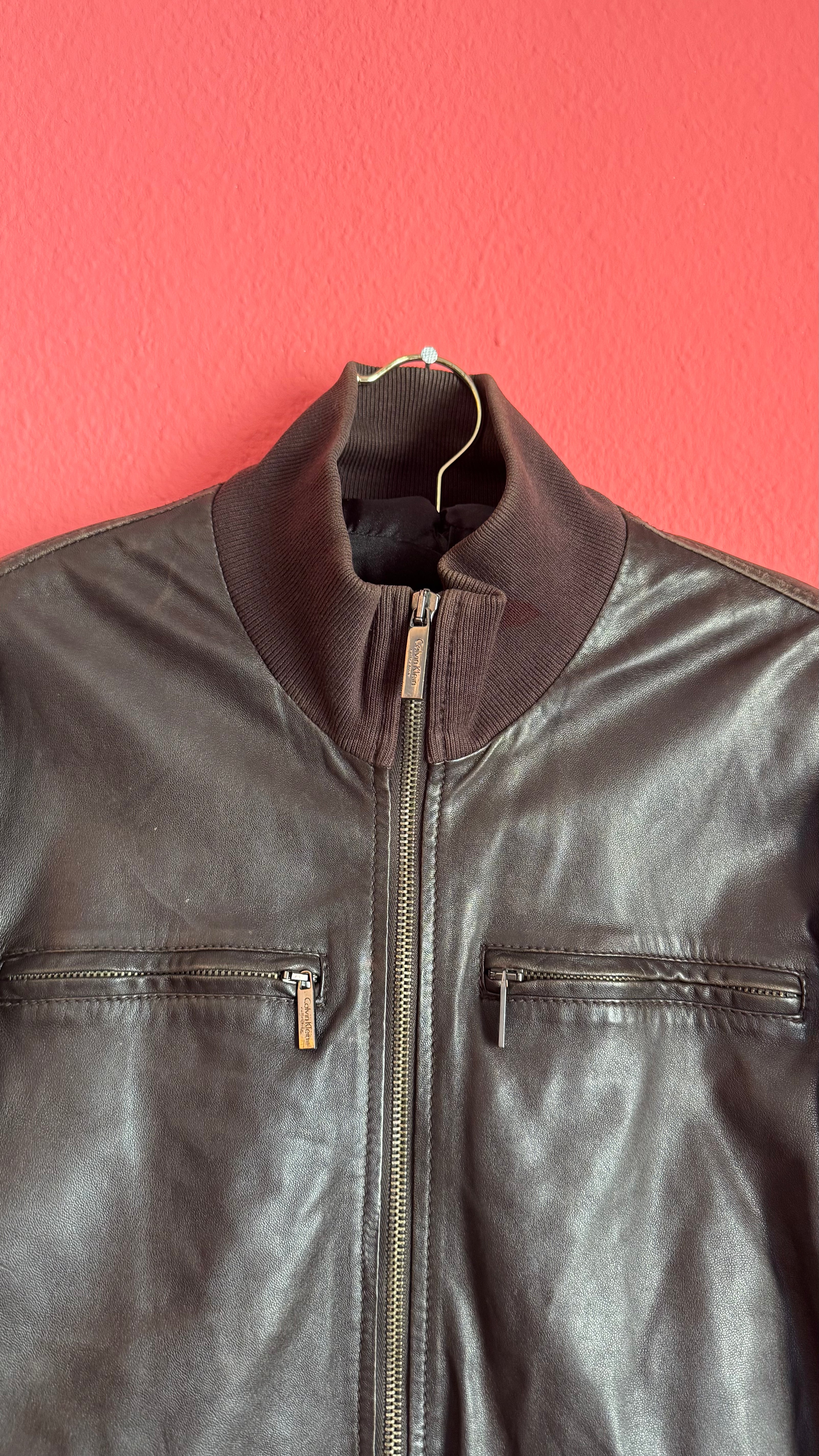Vintage Early 2000s Dark Brown Lamb Leather Jacket by Calvin Klein Collection