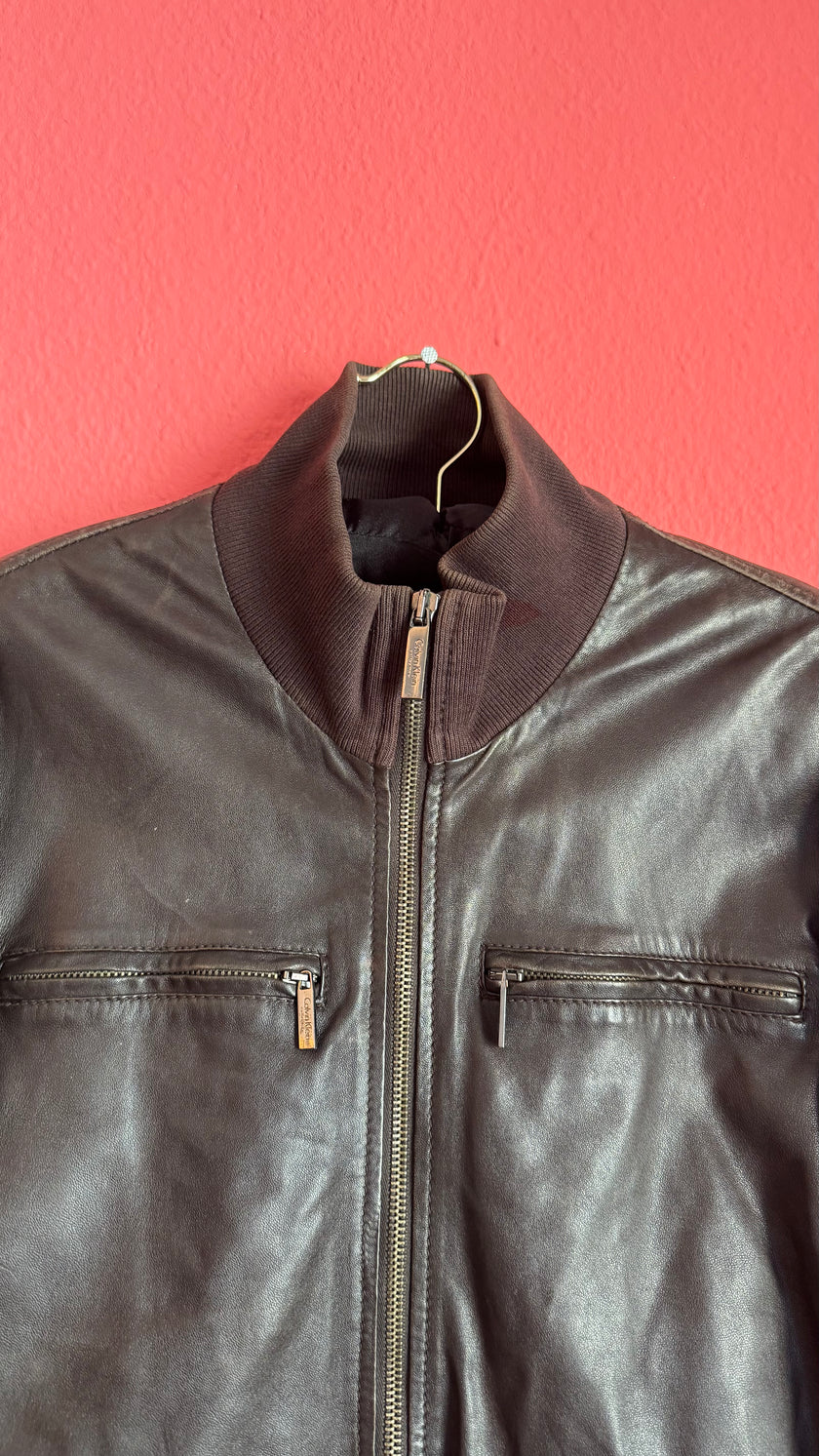 Vintage Early 2000s Dark Brown Lamb Leather Jacket by Calvin Klein Collection