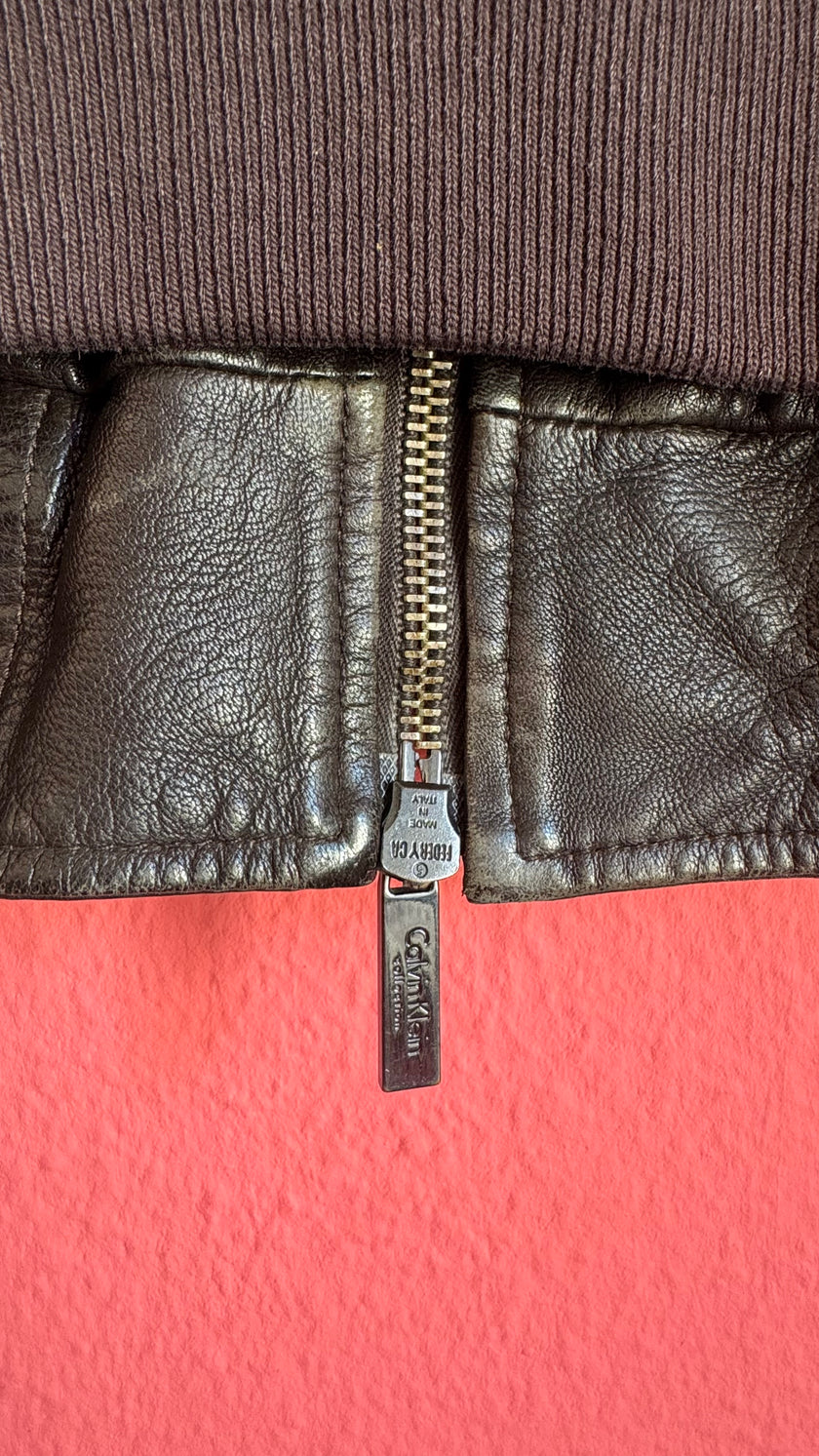 Vintage Early 2000s Dark Brown Lamb Leather Jacket by Calvin Klein Collection