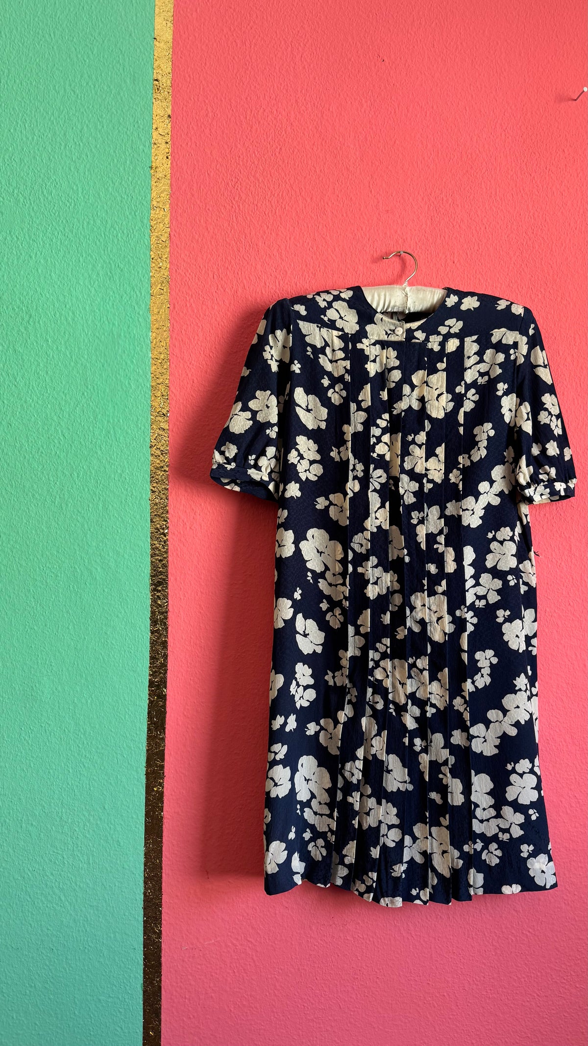 Vintage 1980s Navy & Ivory Floral Rayon Dress