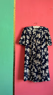 Vintage 1980s Navy & Ivory Floral Rayon Dress