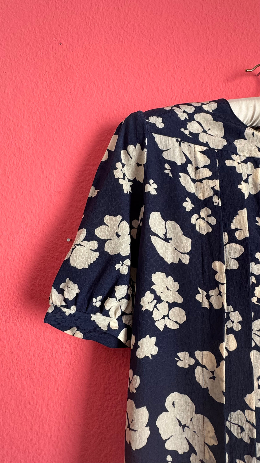 Vintage 1980s Navy & Ivory Floral Rayon Dress