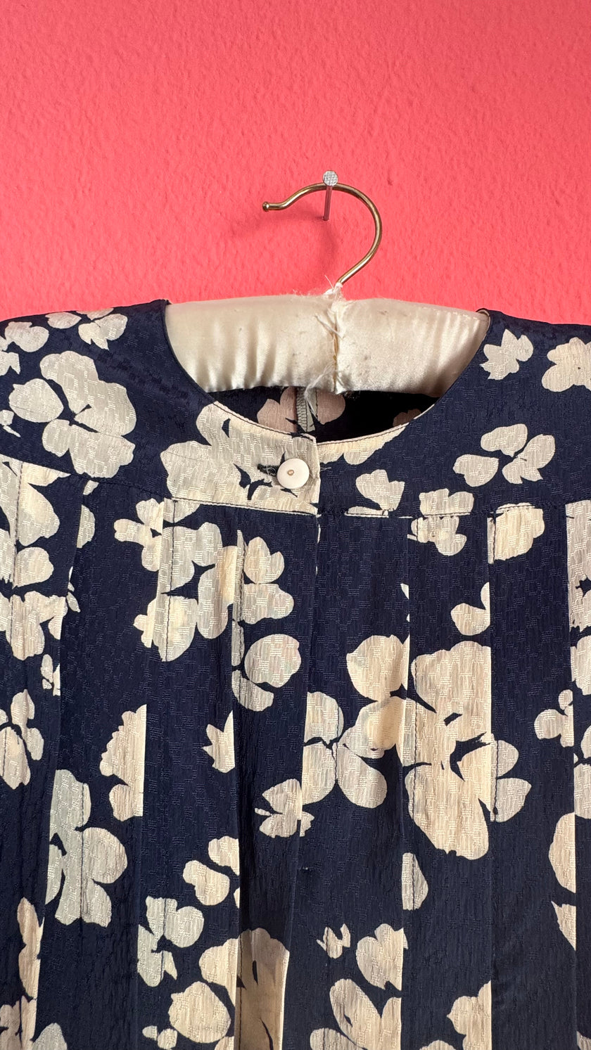 Vintage 1980s Navy & Ivory Floral Rayon Dress