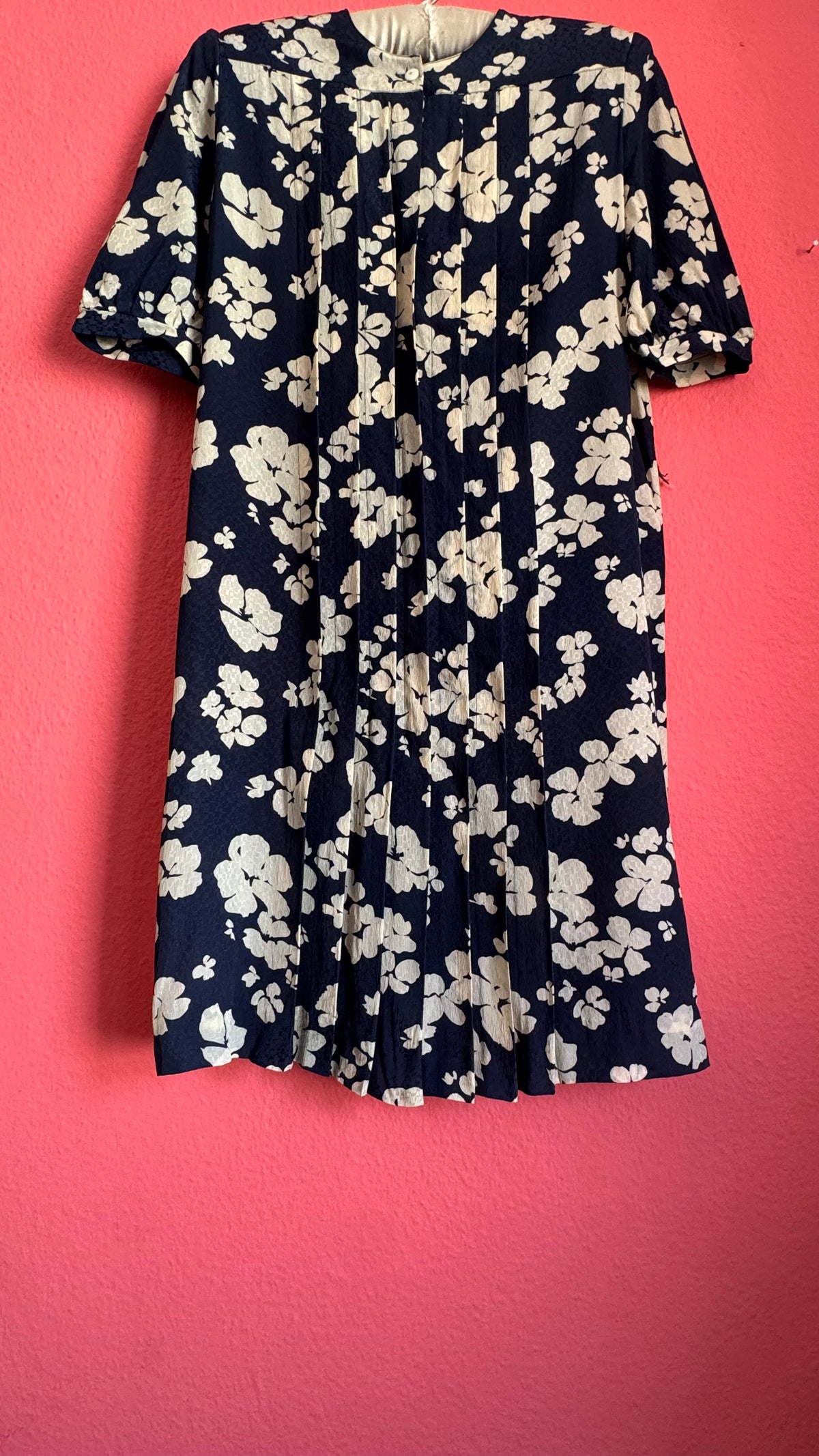Vintage 1980s Navy & Ivory Floral Rayon Dress