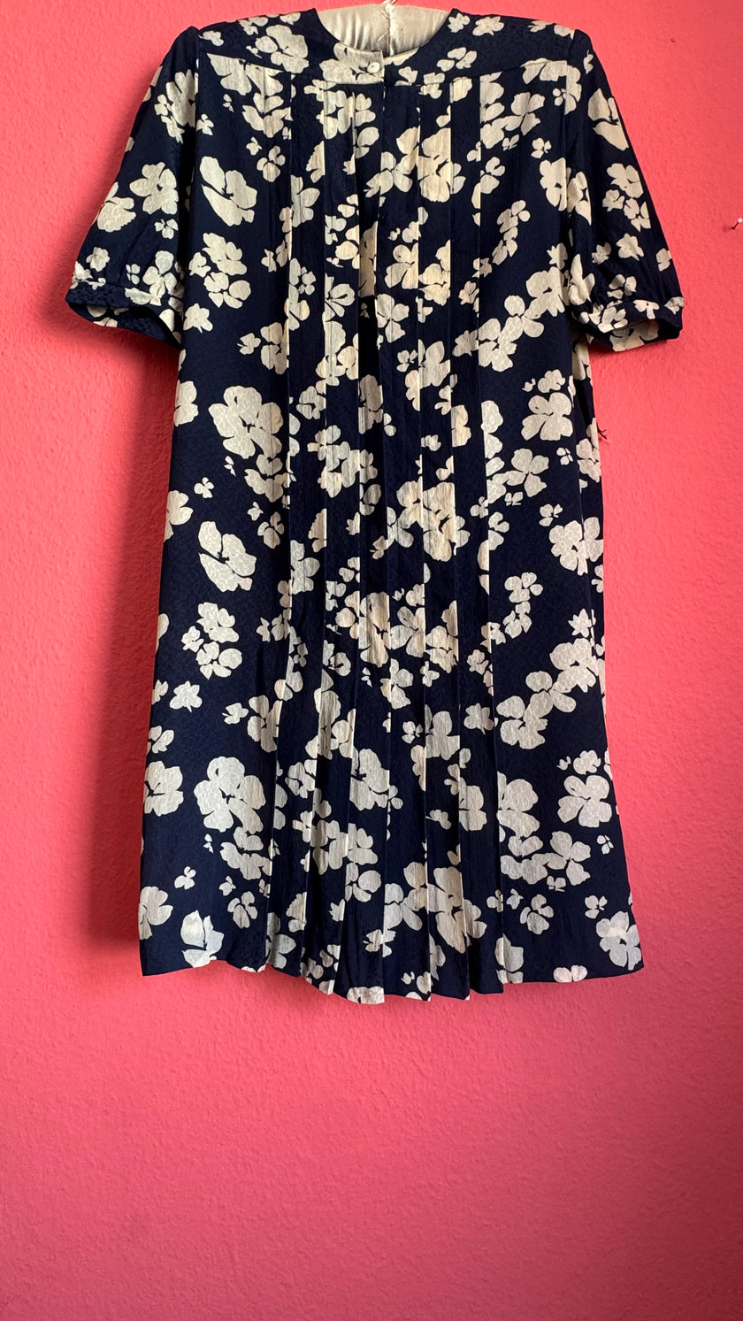 Vintage 1980s Navy & Ivory Floral Rayon Dress