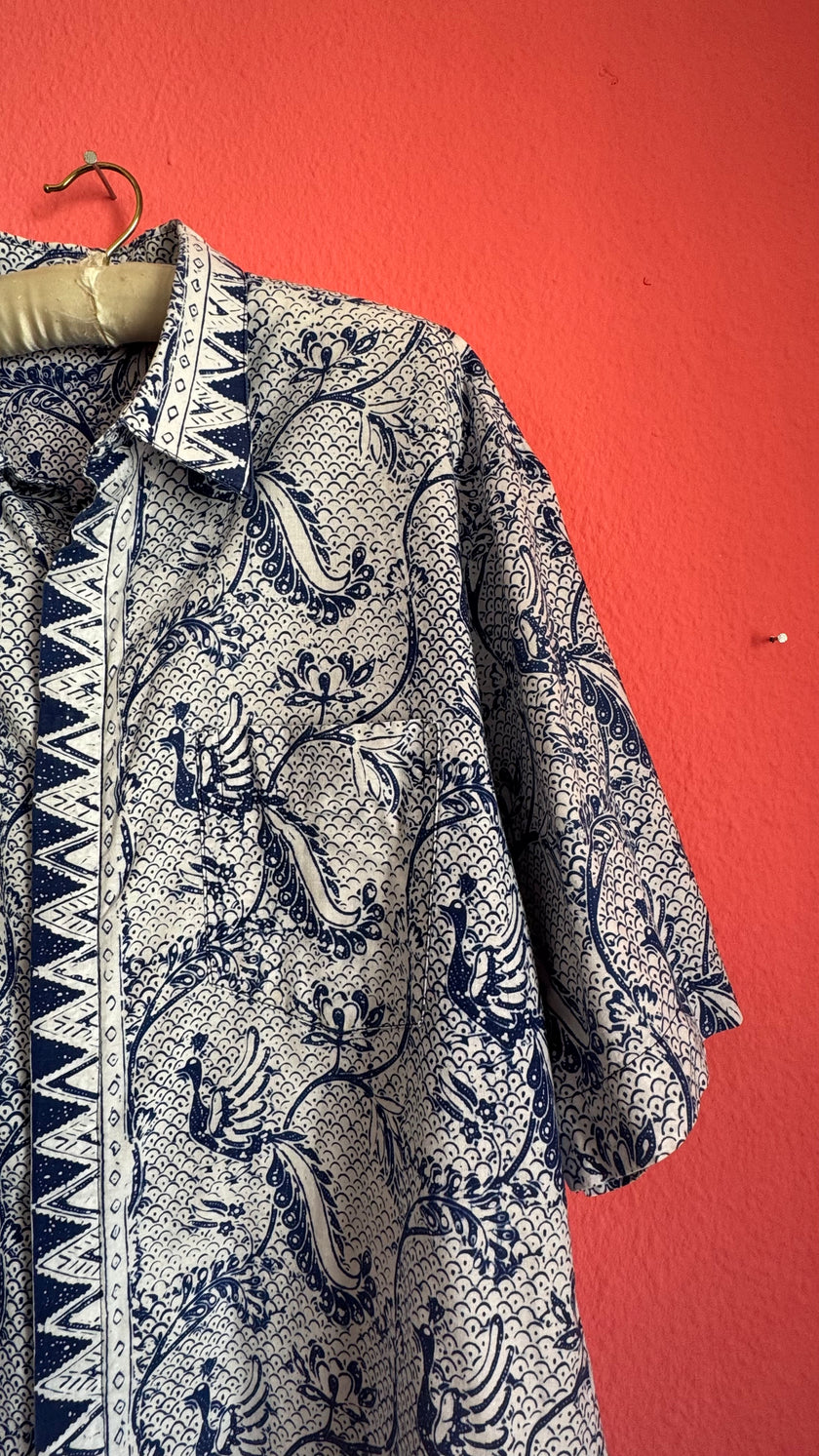 Vintage 1970s Indigo Batik Short Sleeve Shirt