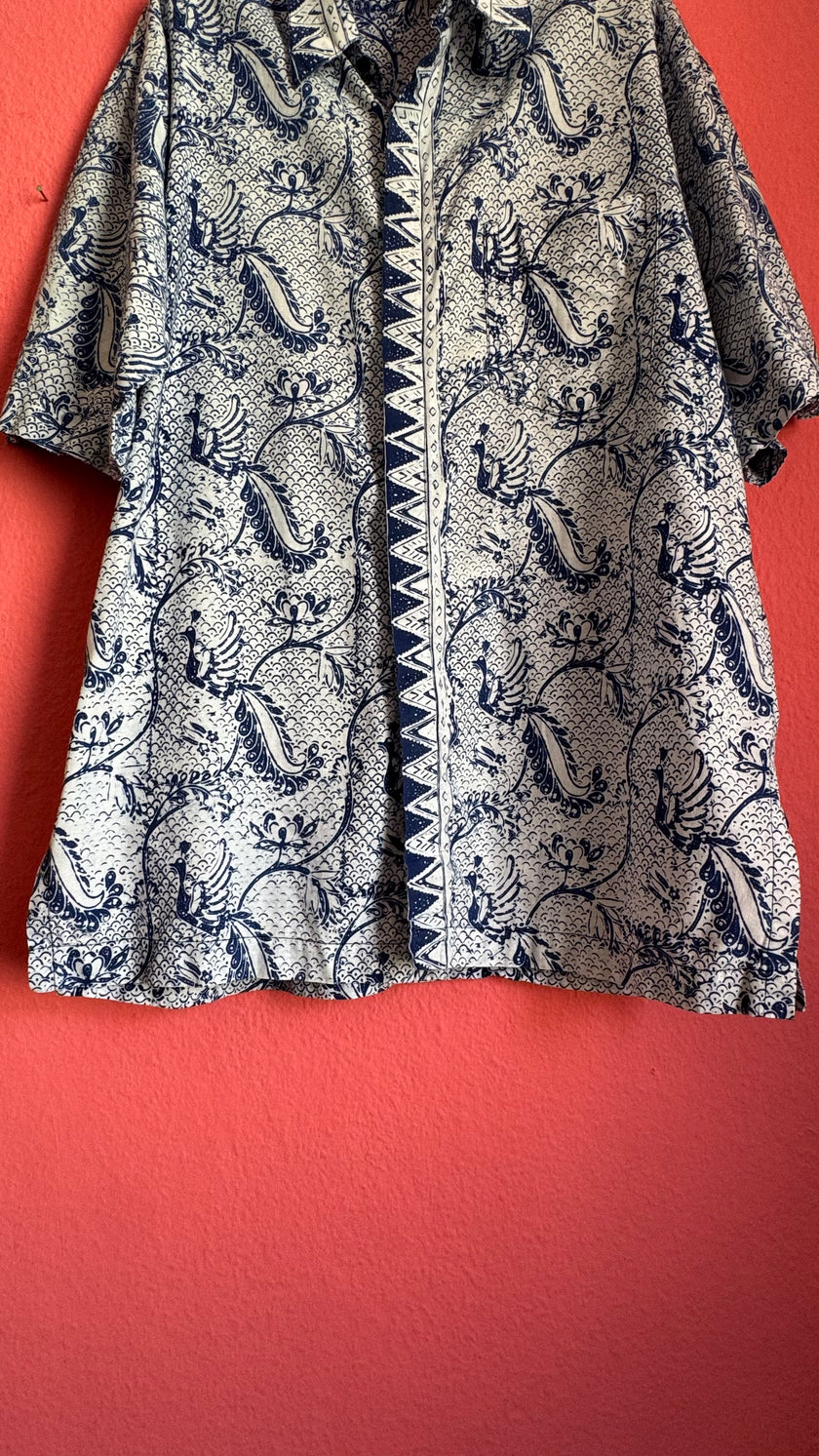 Vintage 1970s Indigo Batik Short Sleeve Shirt