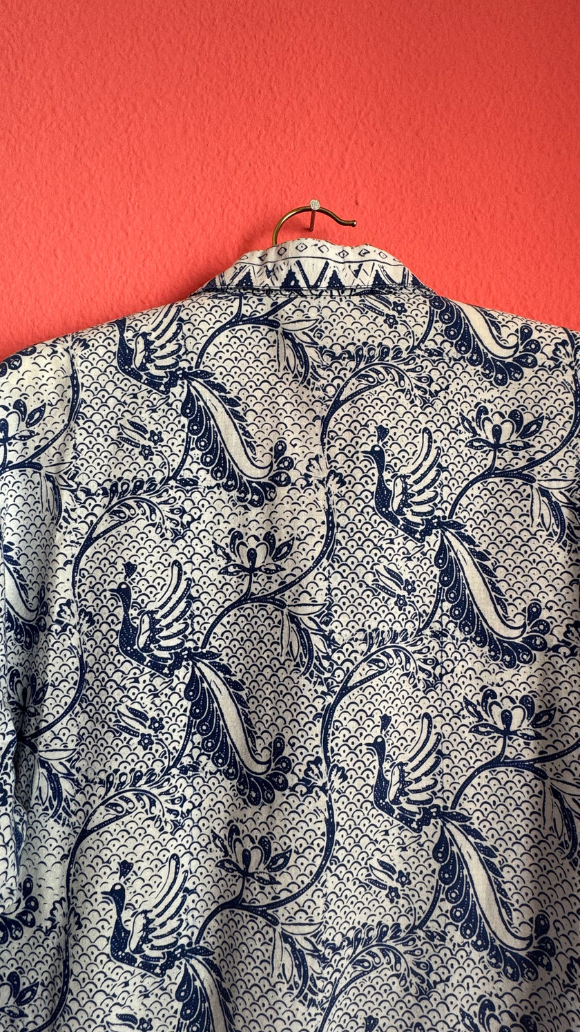 Vintage 1970s Indigo Batik Short Sleeve Shirt