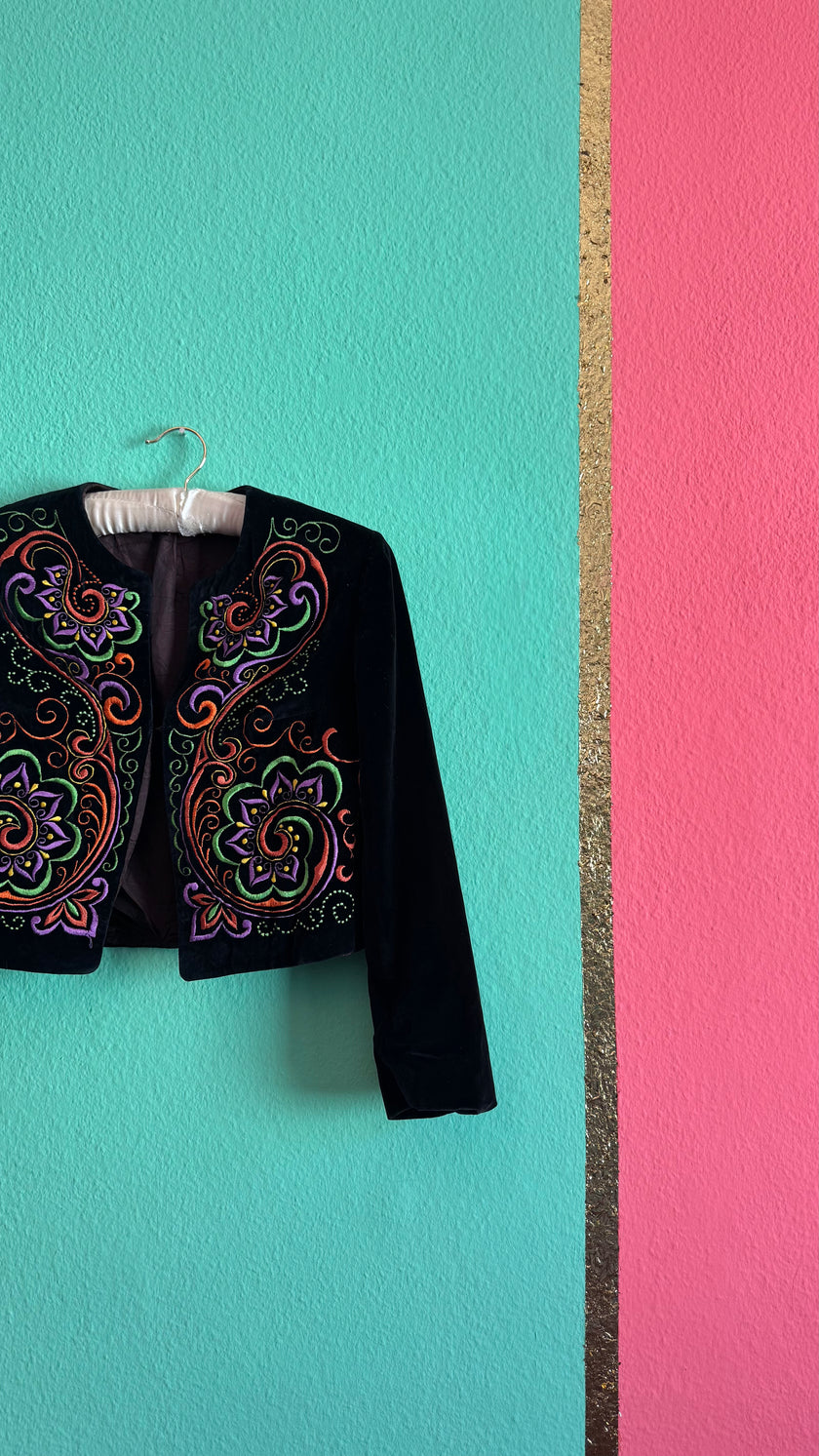 Vintage 1980s Black Velvet Embroidered Cropped Jacket by Huber Dirndl