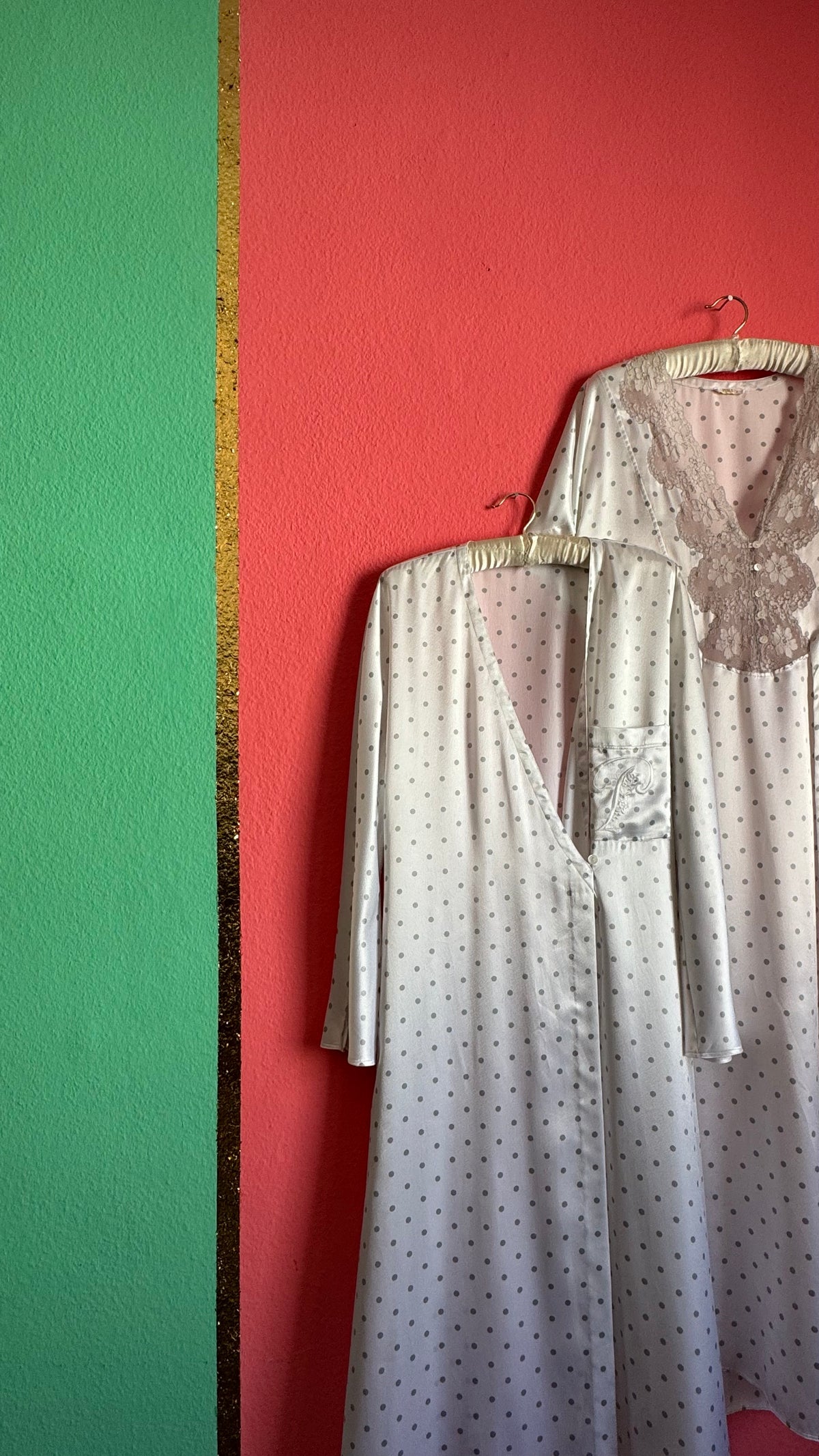 Vintage 1980s Ivory Polka Dot Polyester Nightgown & Robe Set
