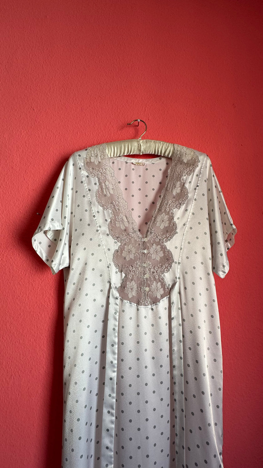 Vintage 1980s Ivory Polka Dot Polyester Nightgown & Robe Set
