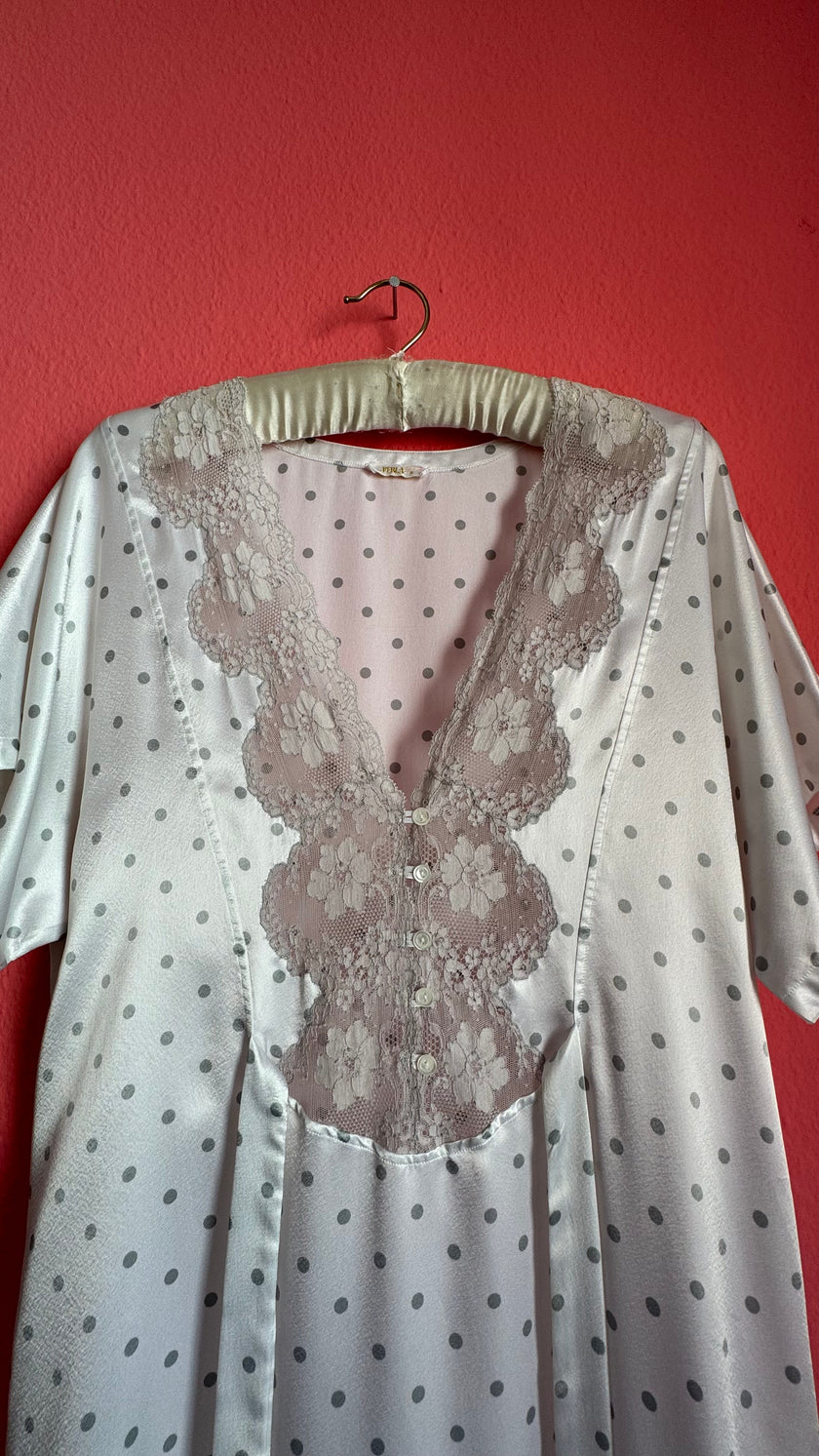 Vintage 1980s Ivory Polka Dot Polyester Nightgown & Robe Set