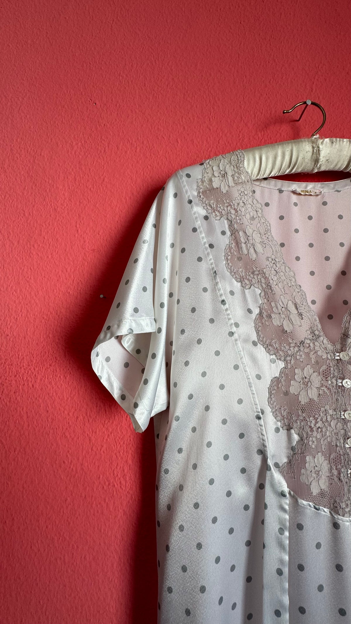 Vintage 1980s Ivory Polka Dot Polyester Nightgown & Robe Set