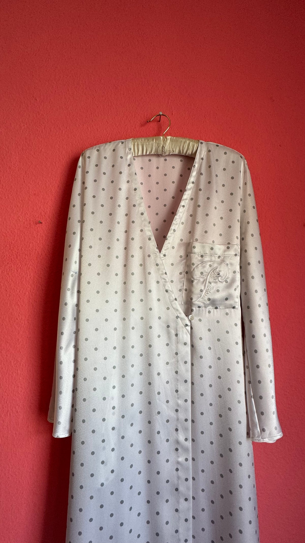 Vintage 1980s Ivory Polka Dot Polyester Nightgown & Robe Set