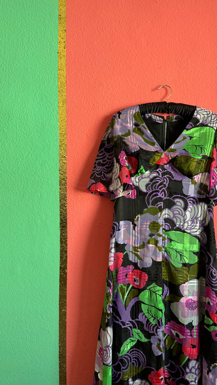 Vintage 1970s Black Multicolor Floral Maxi Dress