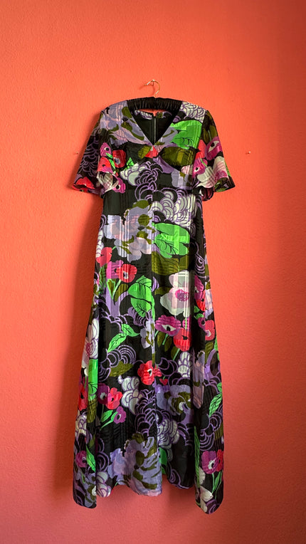 Vintage 1970s Black Multicolor Floral Maxi Dress