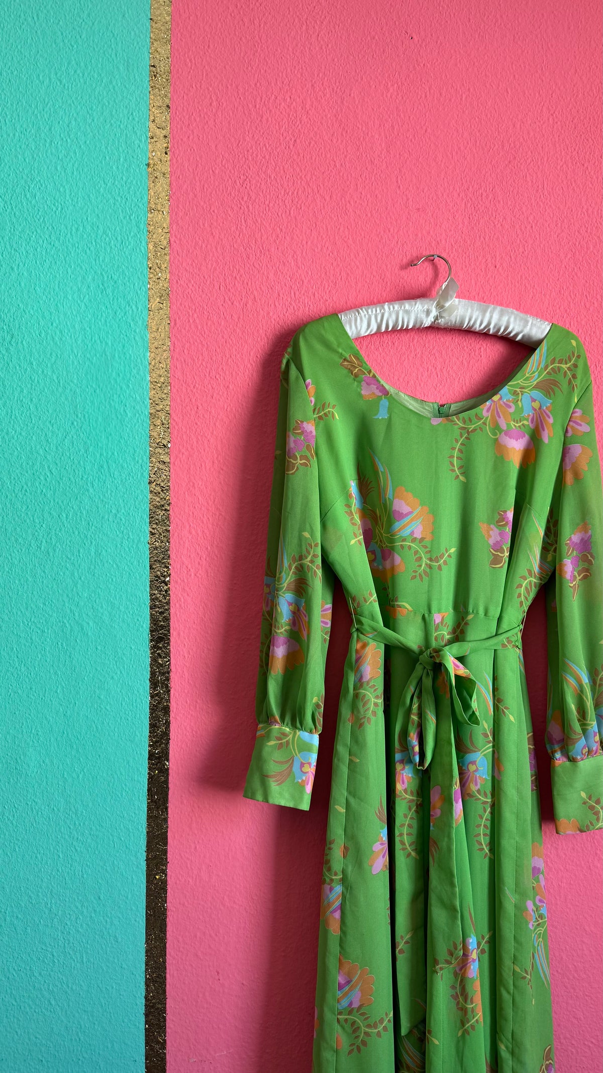 Vintage 1970s Green Floral Maxi Dress With Belt
