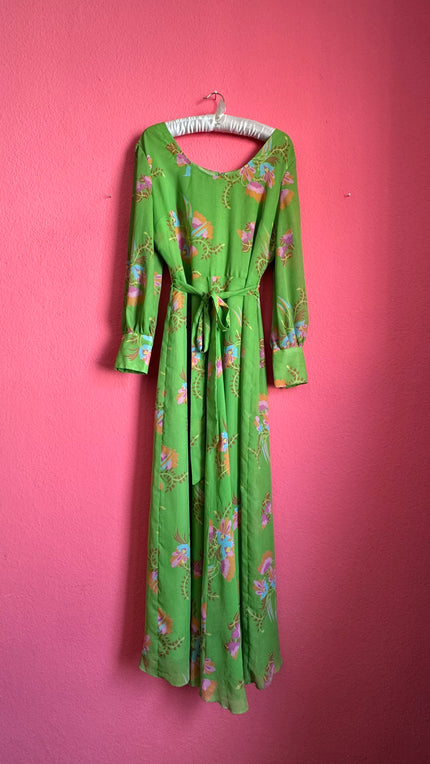 Vintage 1970s Green Floral Maxi Dress With Belt