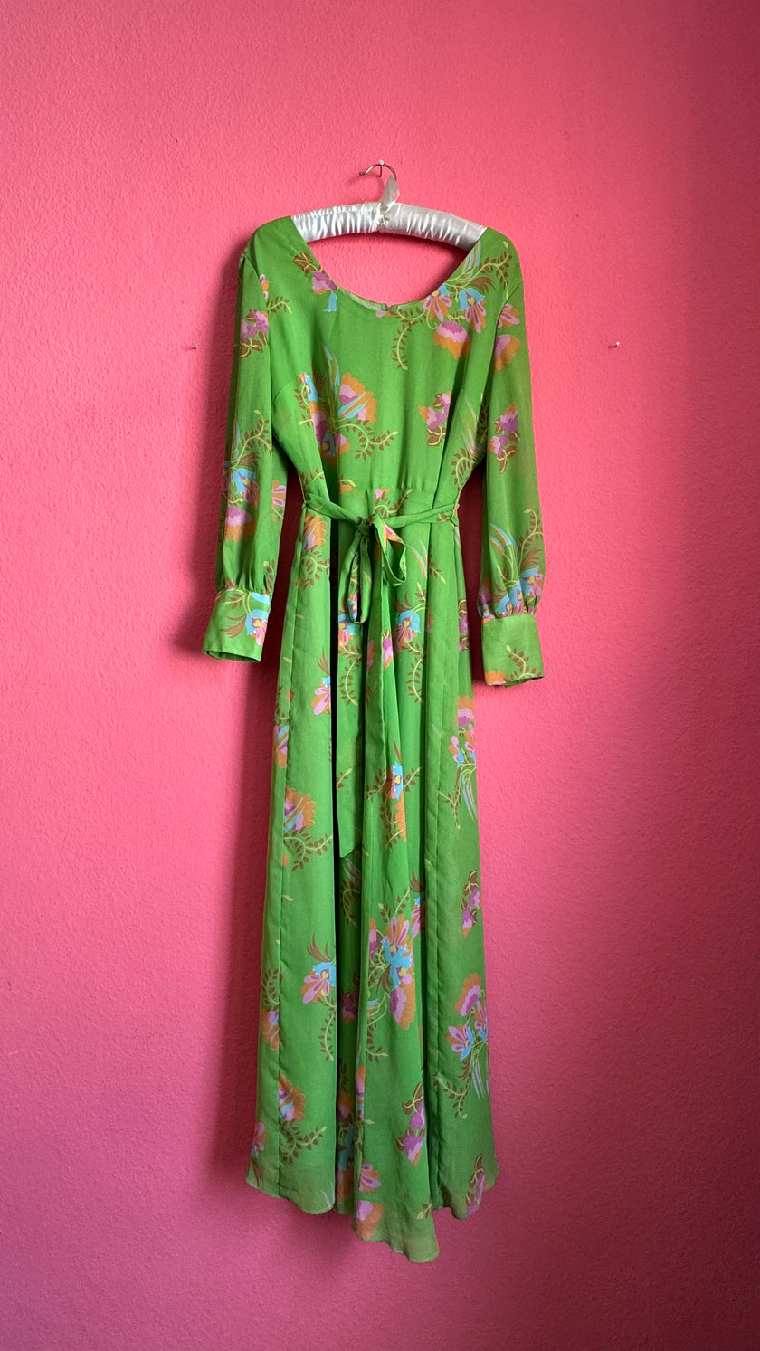Vintage 1970s Green Floral Maxi Dress With Belt