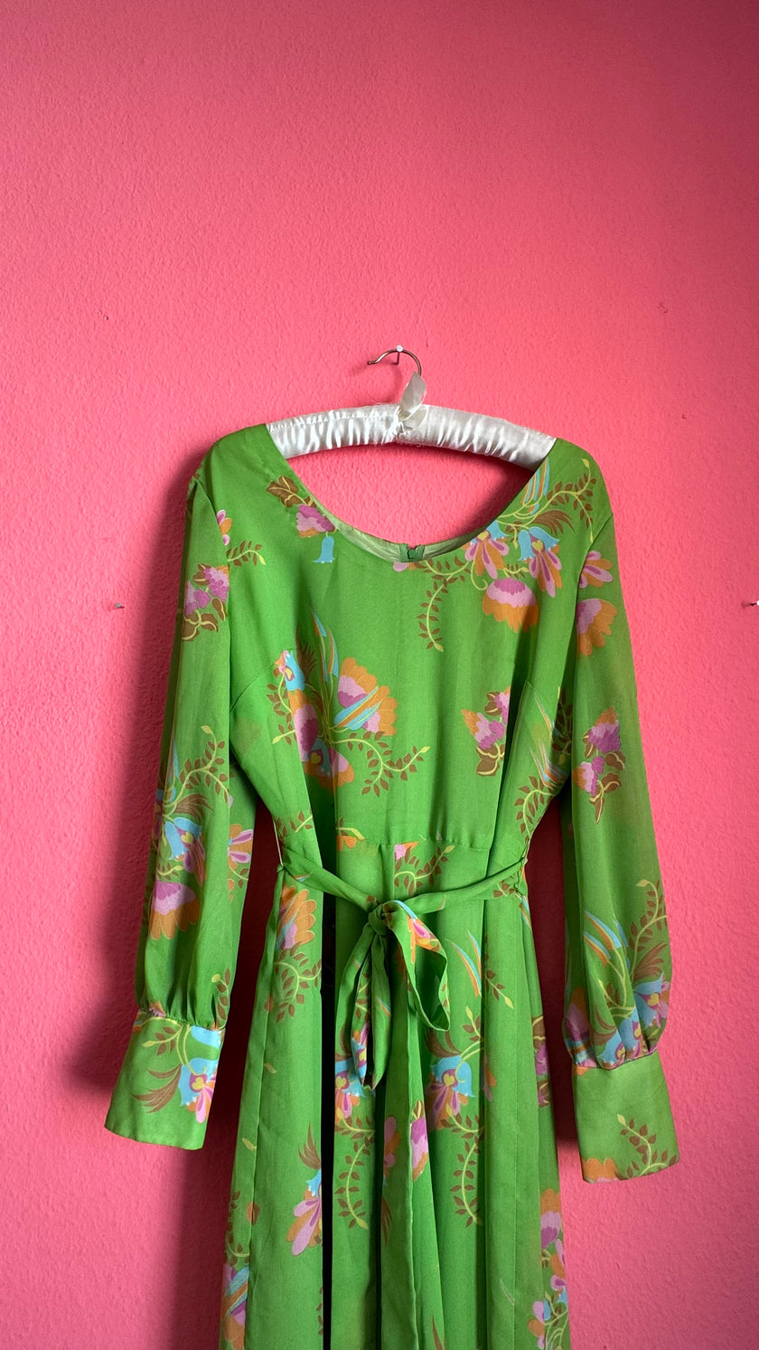 Vintage 1970s Green Floral Maxi Dress With Belt