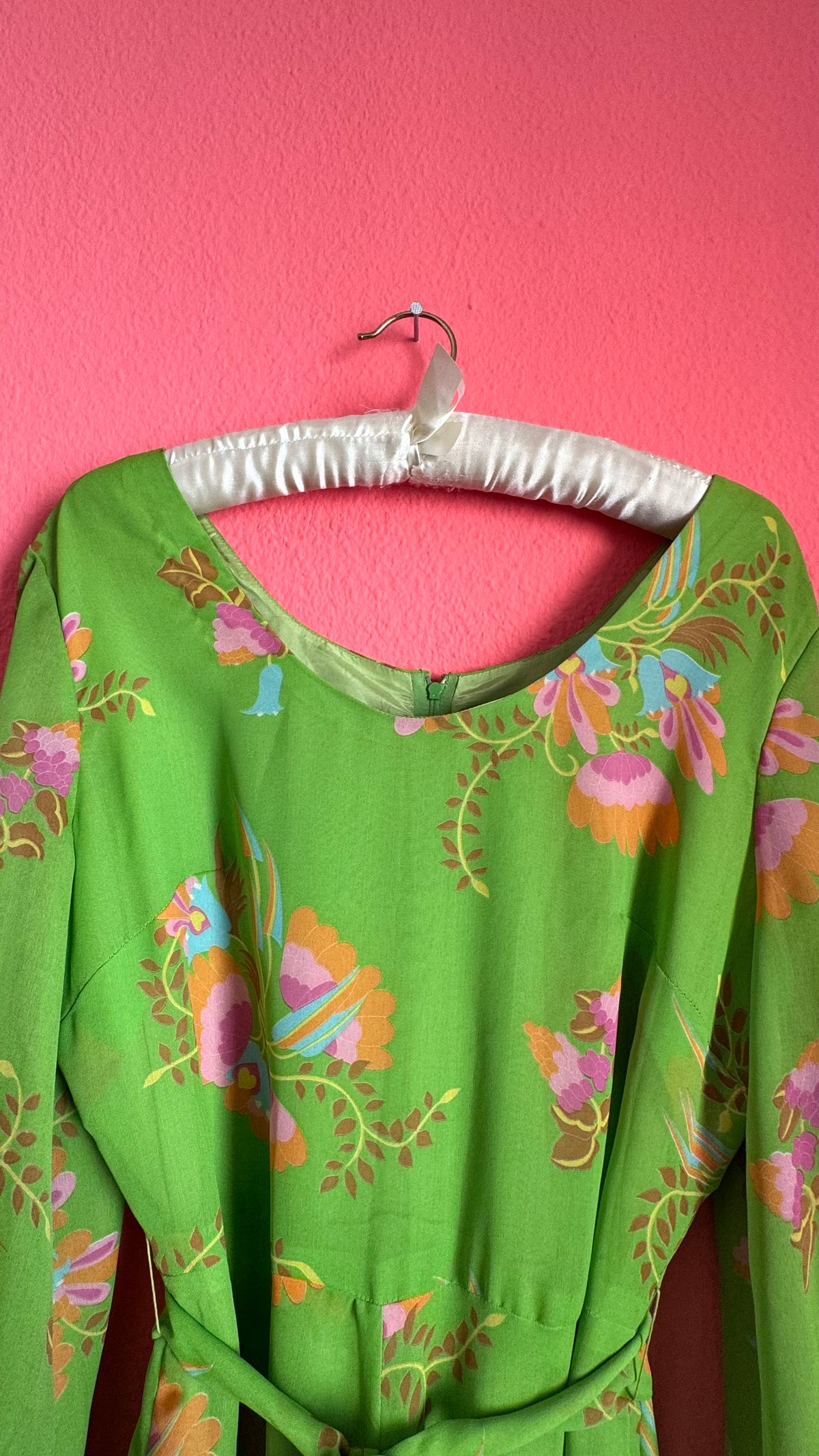 Vintage 1970s Green Floral Maxi Dress With Belt