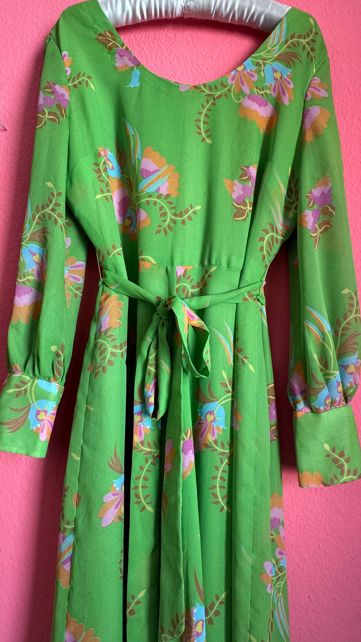 Vintage 1970s Green Floral Maxi Dress With Belt
