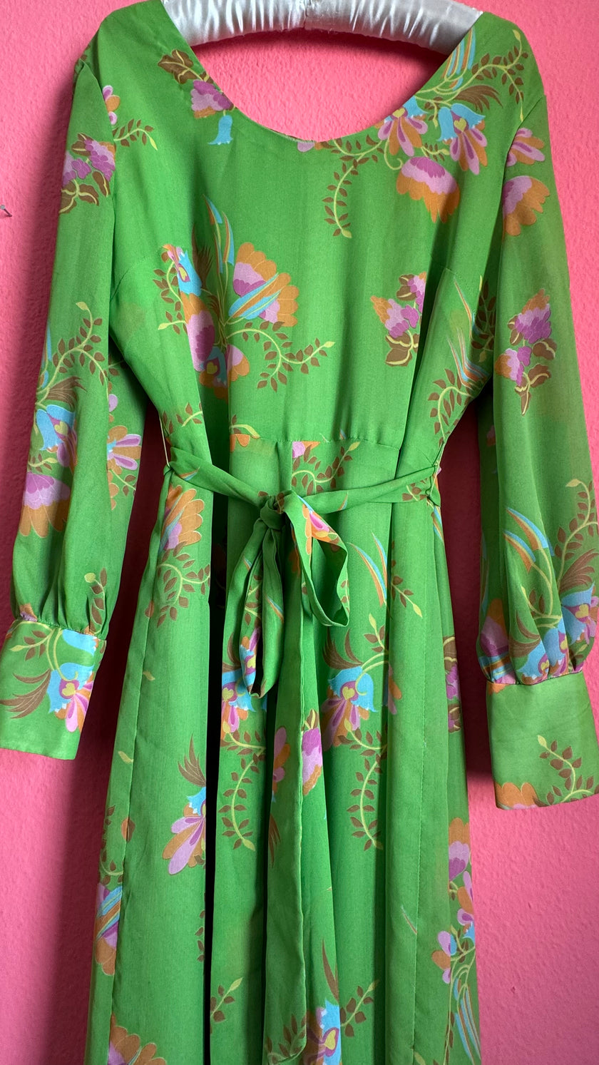 Vintage 1970s Green Floral Maxi Dress With Belt