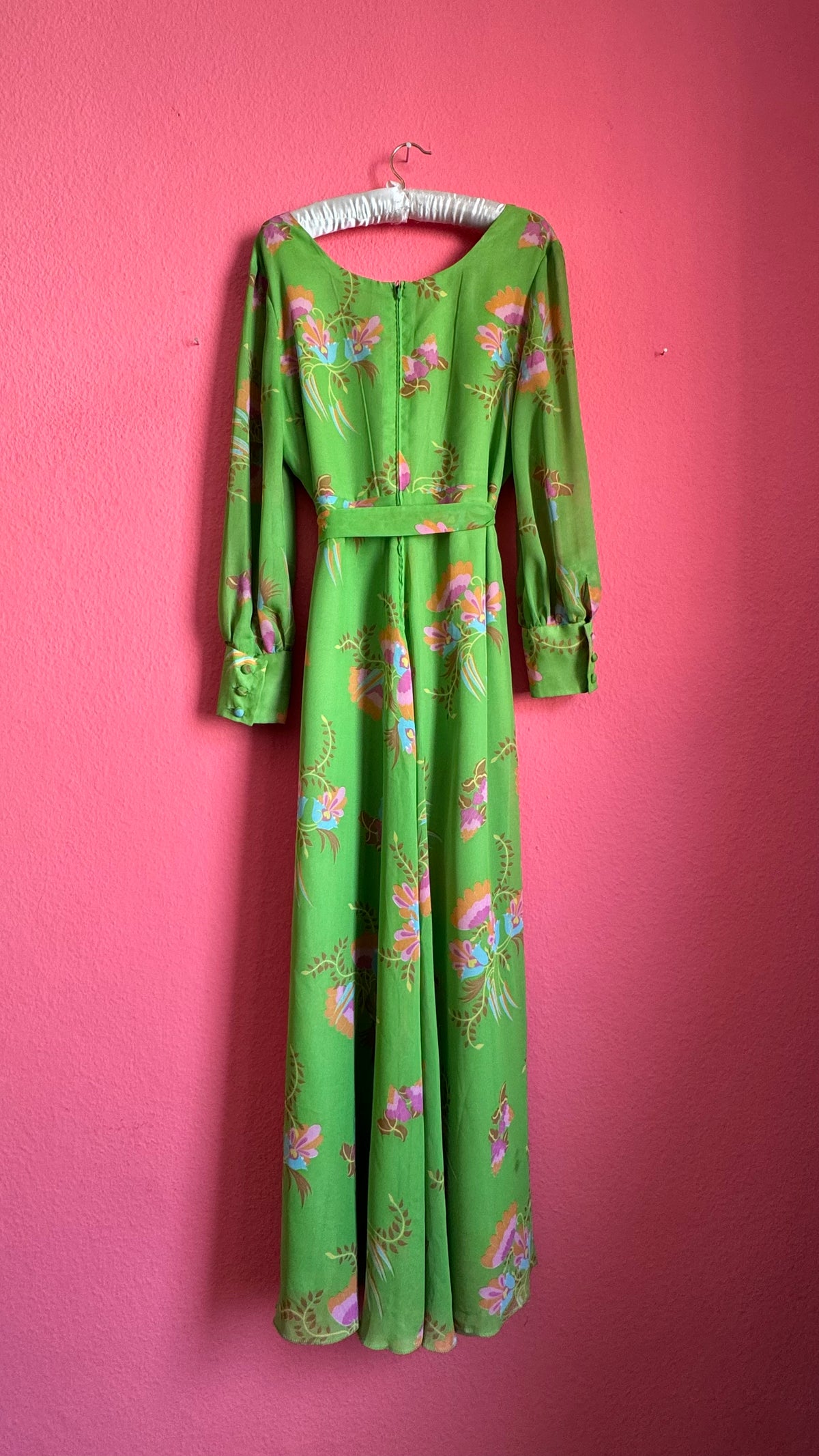 Vintage 1970s Green Floral Maxi Dress With Belt