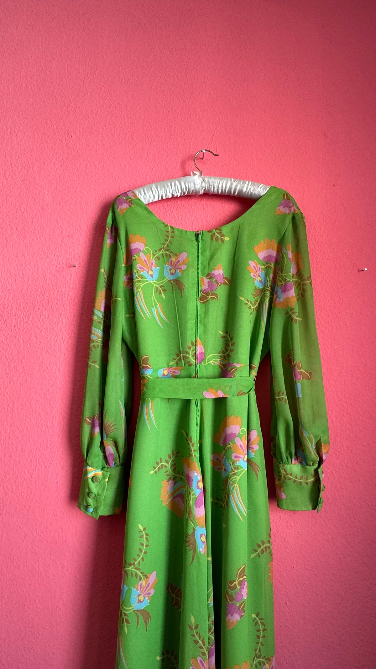 Vintage 1970s Green Floral Maxi Dress With Belt