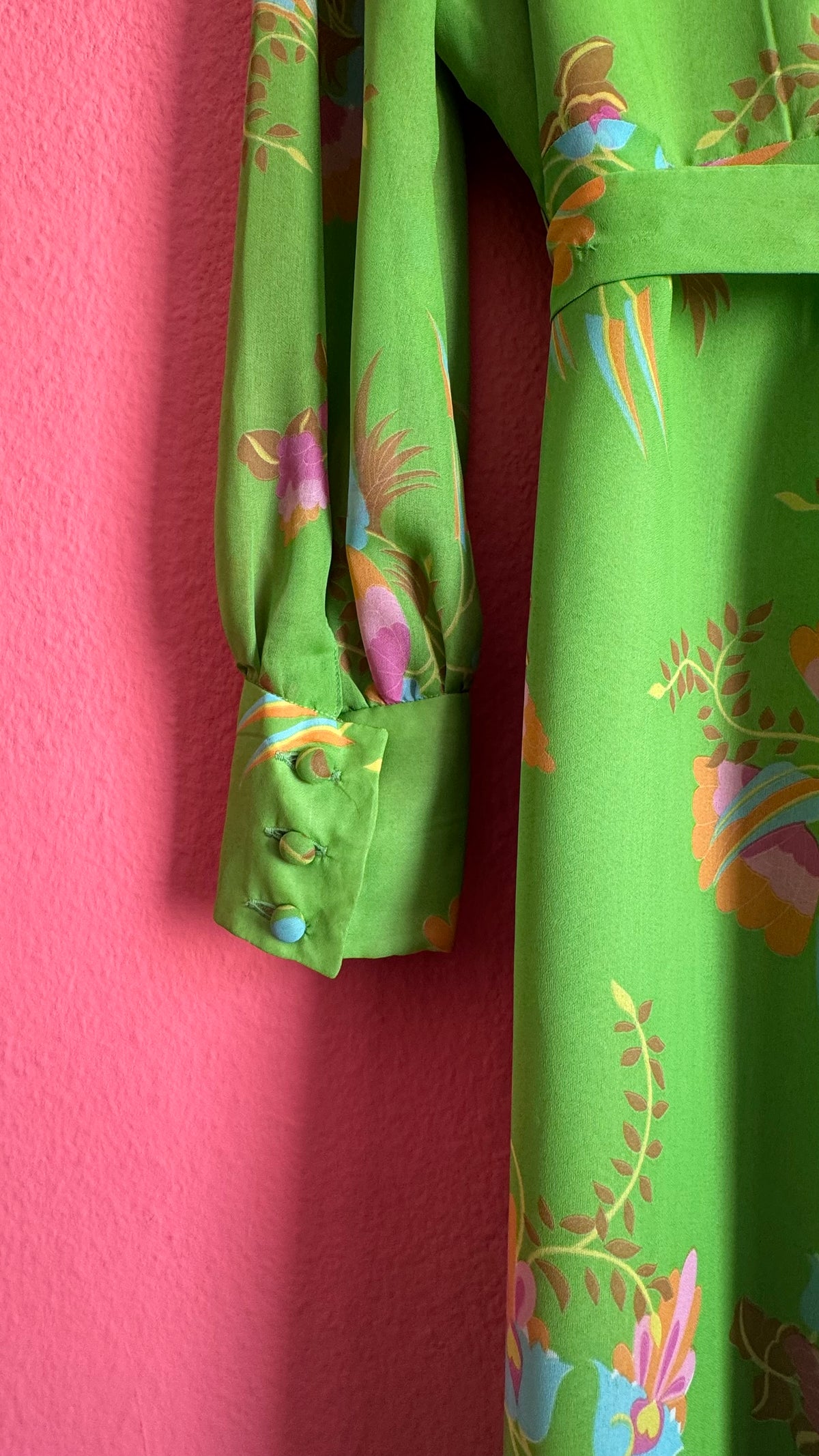 Vintage 1970s Green Floral Maxi Dress With Belt