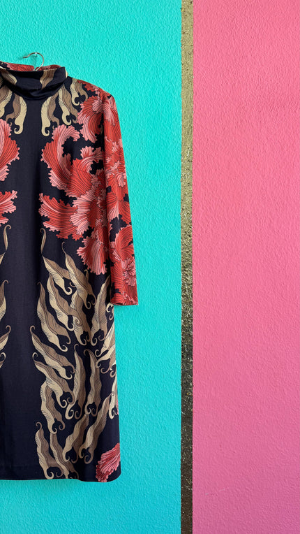 Vintage 1970s Black Coral Floral High-Neck Dress