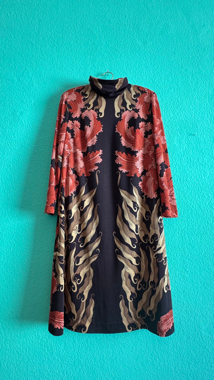 Vintage 1970s Black Coral Floral High-Neck Dress