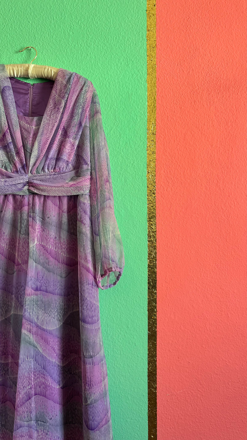 Vintage 1970s Lilac Abstract Floral Silk Maxi Dress