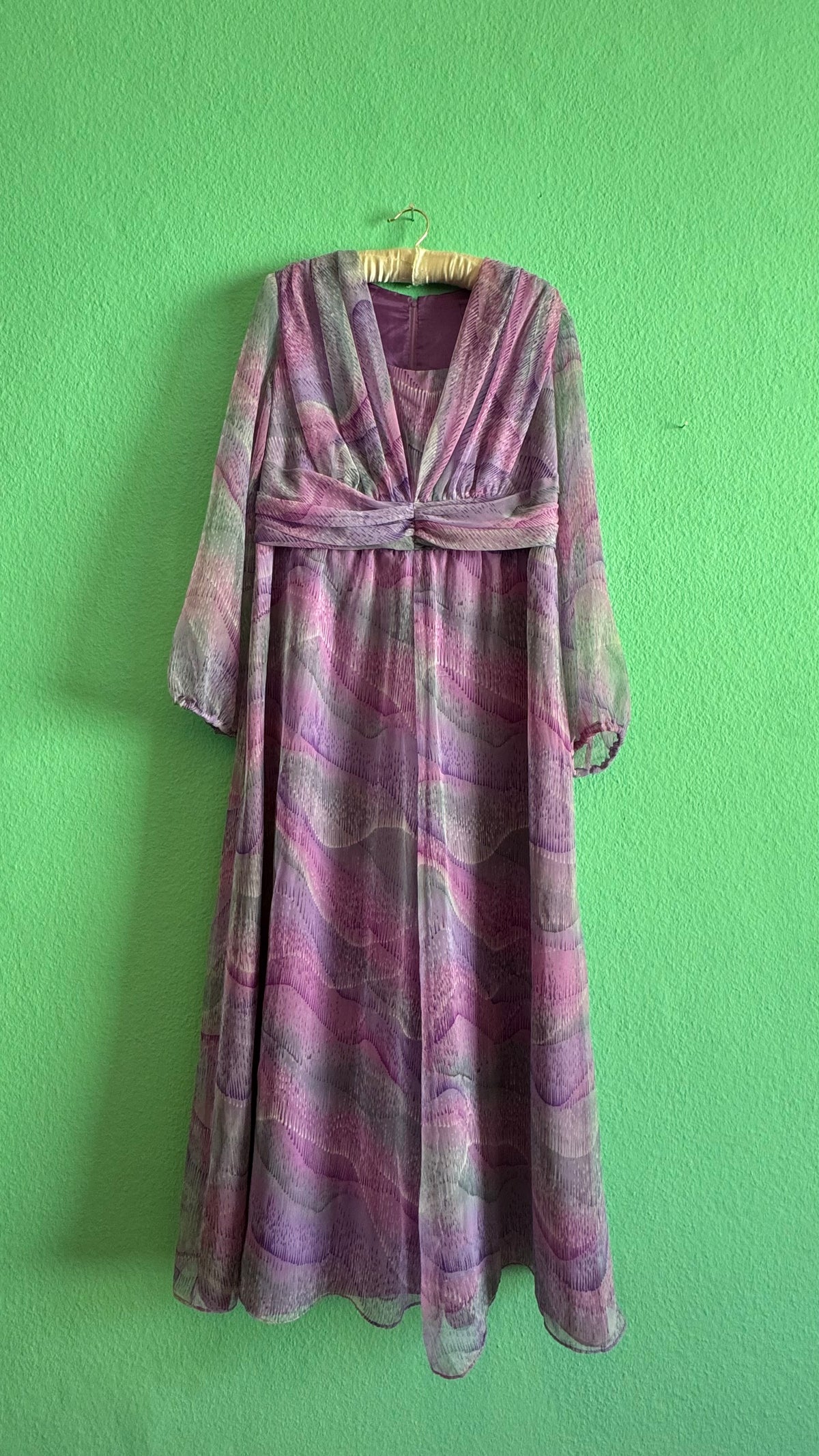 Vintage 1970s Lilac Abstract Floral Silk Maxi Dress