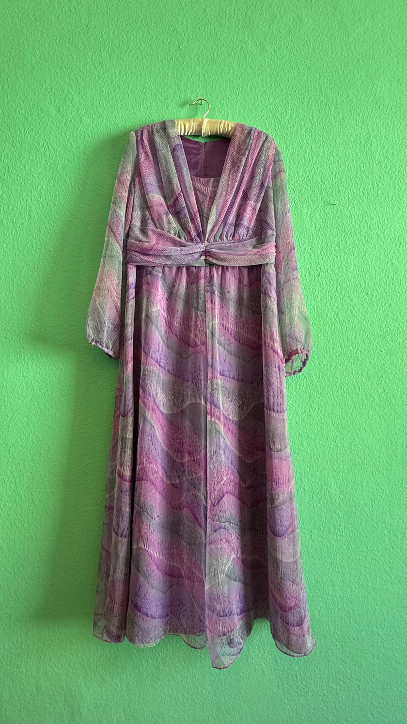 Vintage 1970s Lilac Abstract Floral Silk Maxi Dress