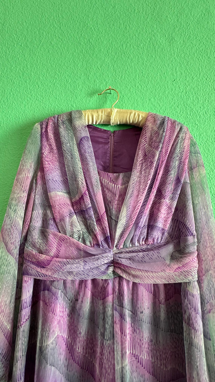 Vintage 1970s Lilac Abstract Floral Silk Maxi Dress