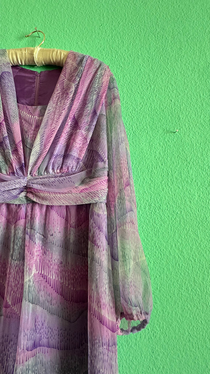 Vintage 1970s Lilac Abstract Floral Silk Maxi Dress