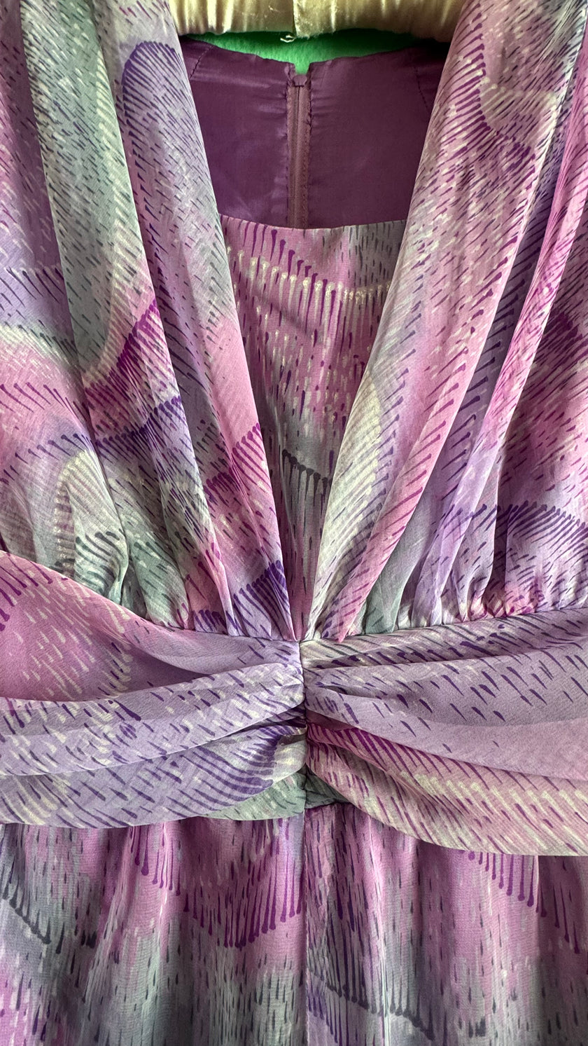 Vintage 1970s Lilac Abstract Floral Silk Maxi Dress