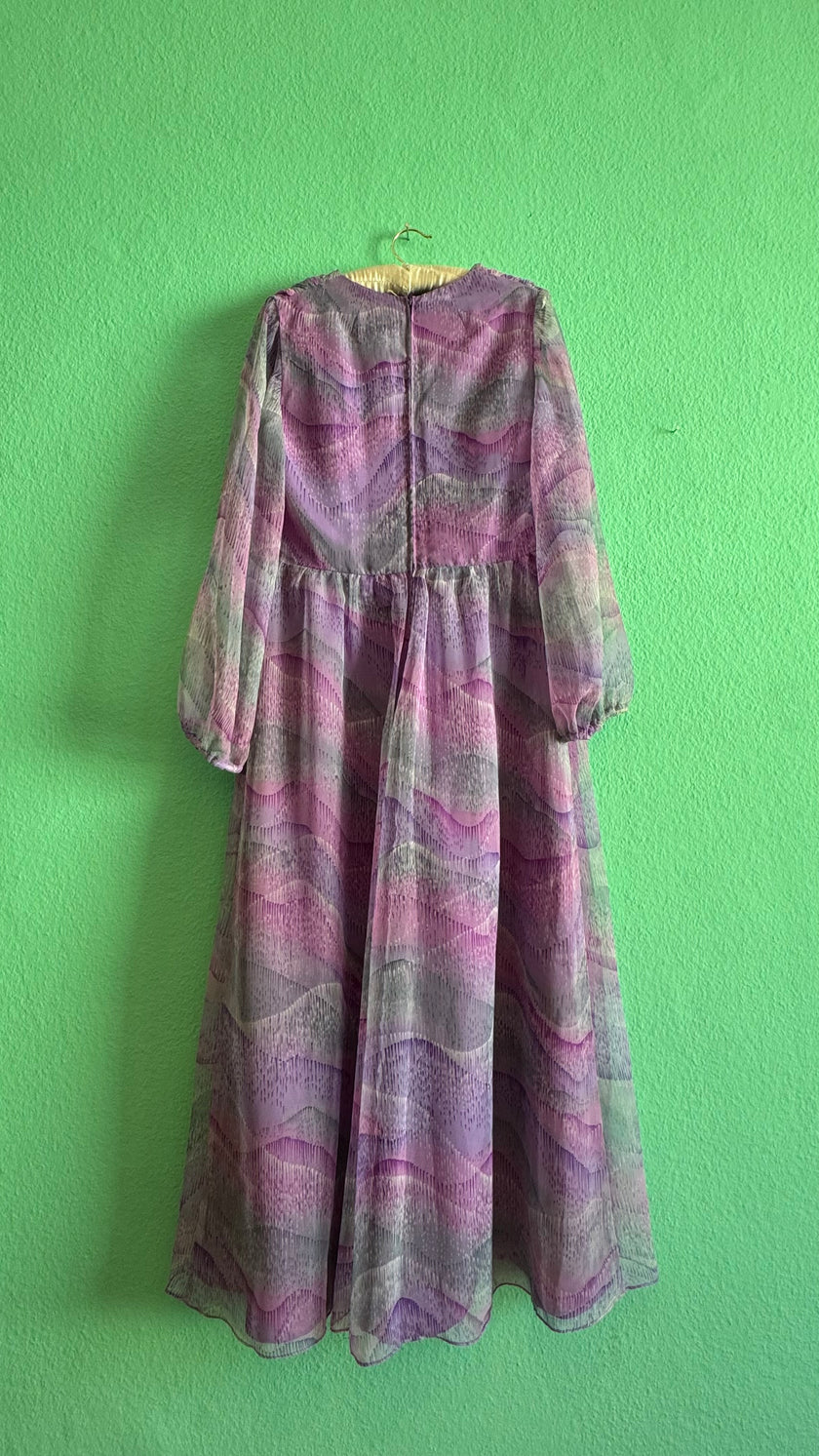 Vintage 1970s Lilac Abstract Floral Silk Maxi Dress
