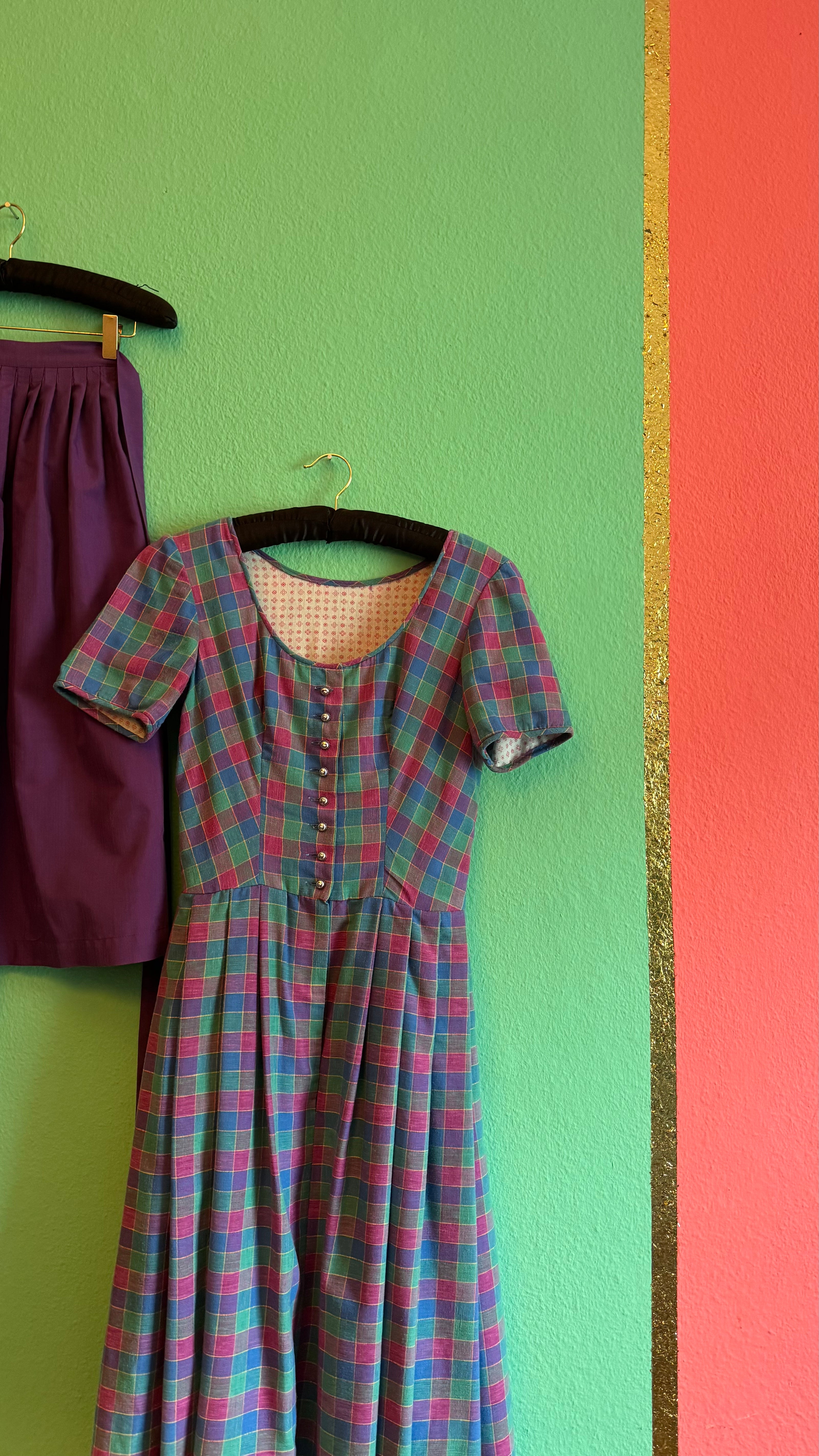 Vintage 1980s Cotton Plaid Dirndl With Plum Apron