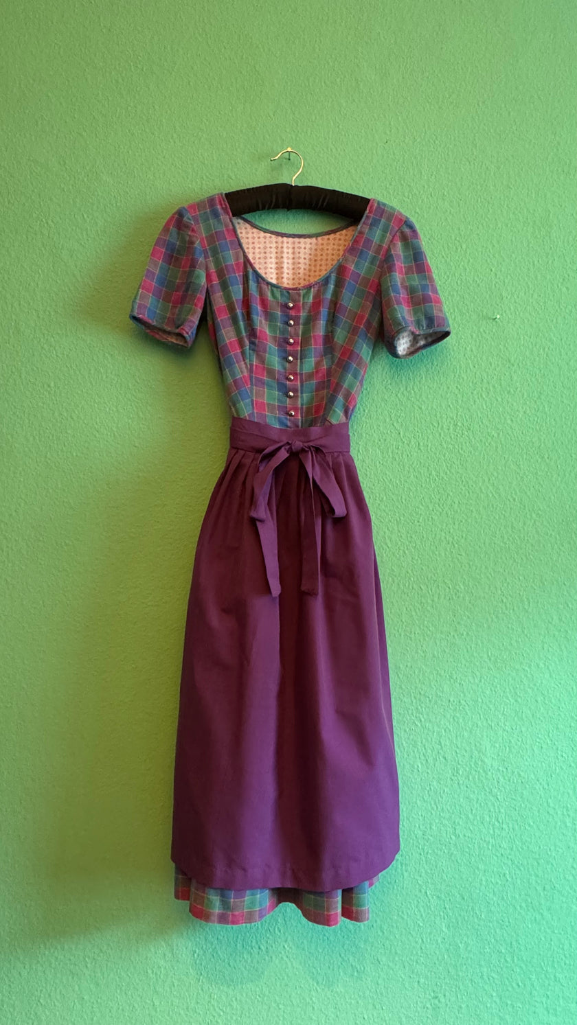 Vintage 1980s Cotton Plaid Dirndl With Plum Apron