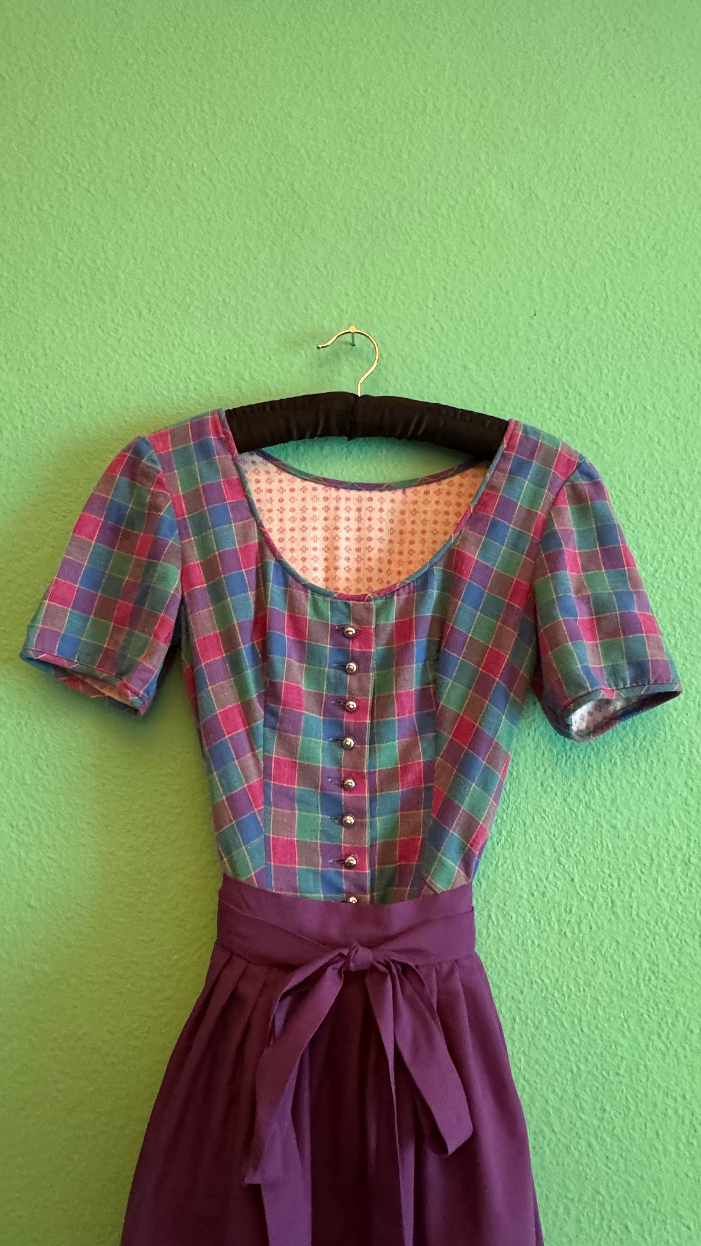 Vintage 1980s Cotton Plaid Dirndl With Plum Apron