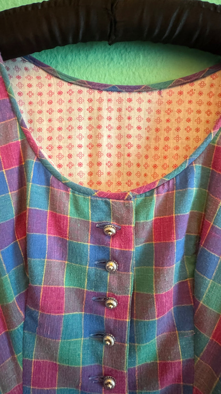 Vintage 1980s Cotton Plaid Dirndl With Plum Apron