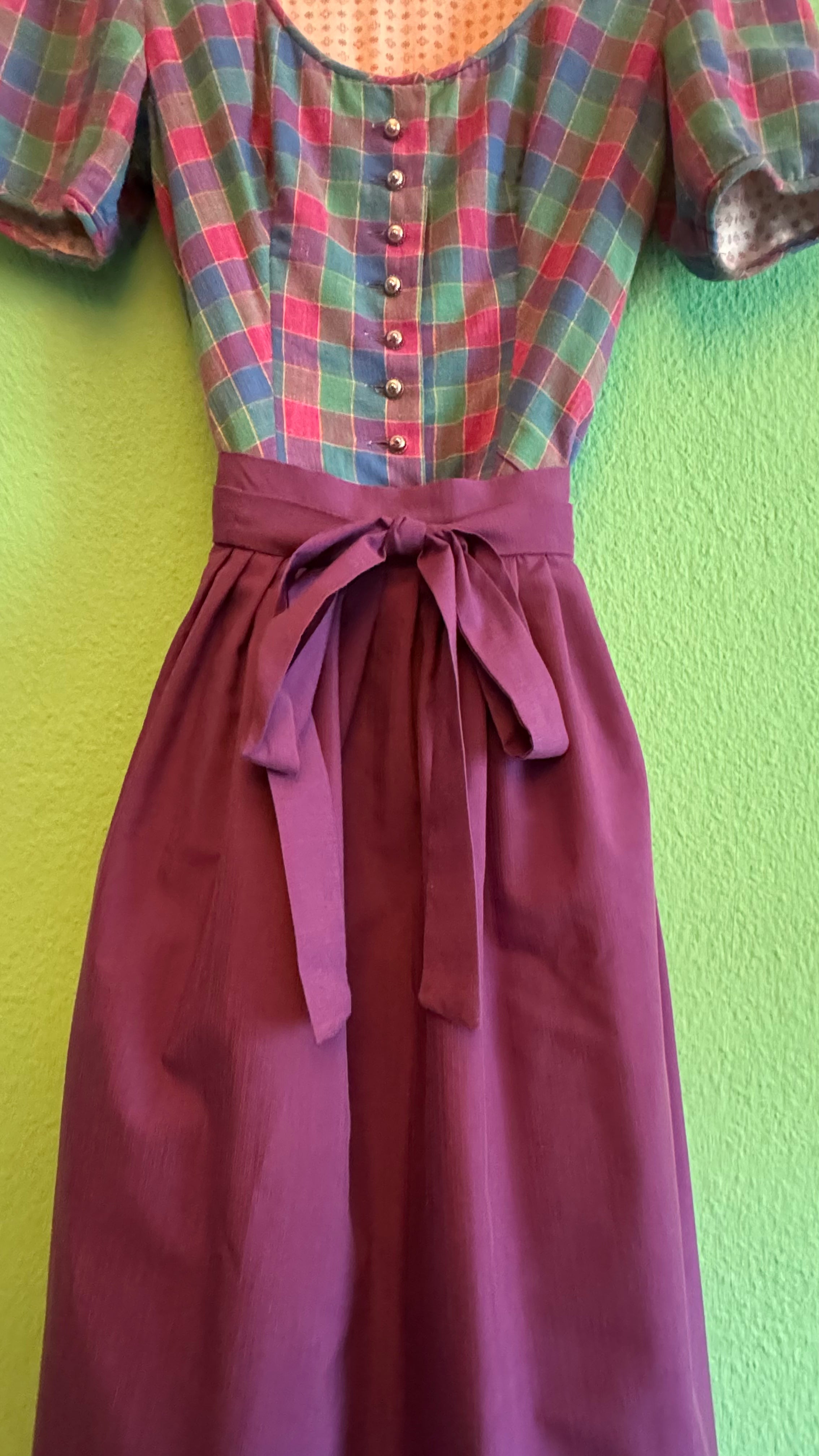 Vintage 1980s Cotton Plaid Dirndl With Plum Apron