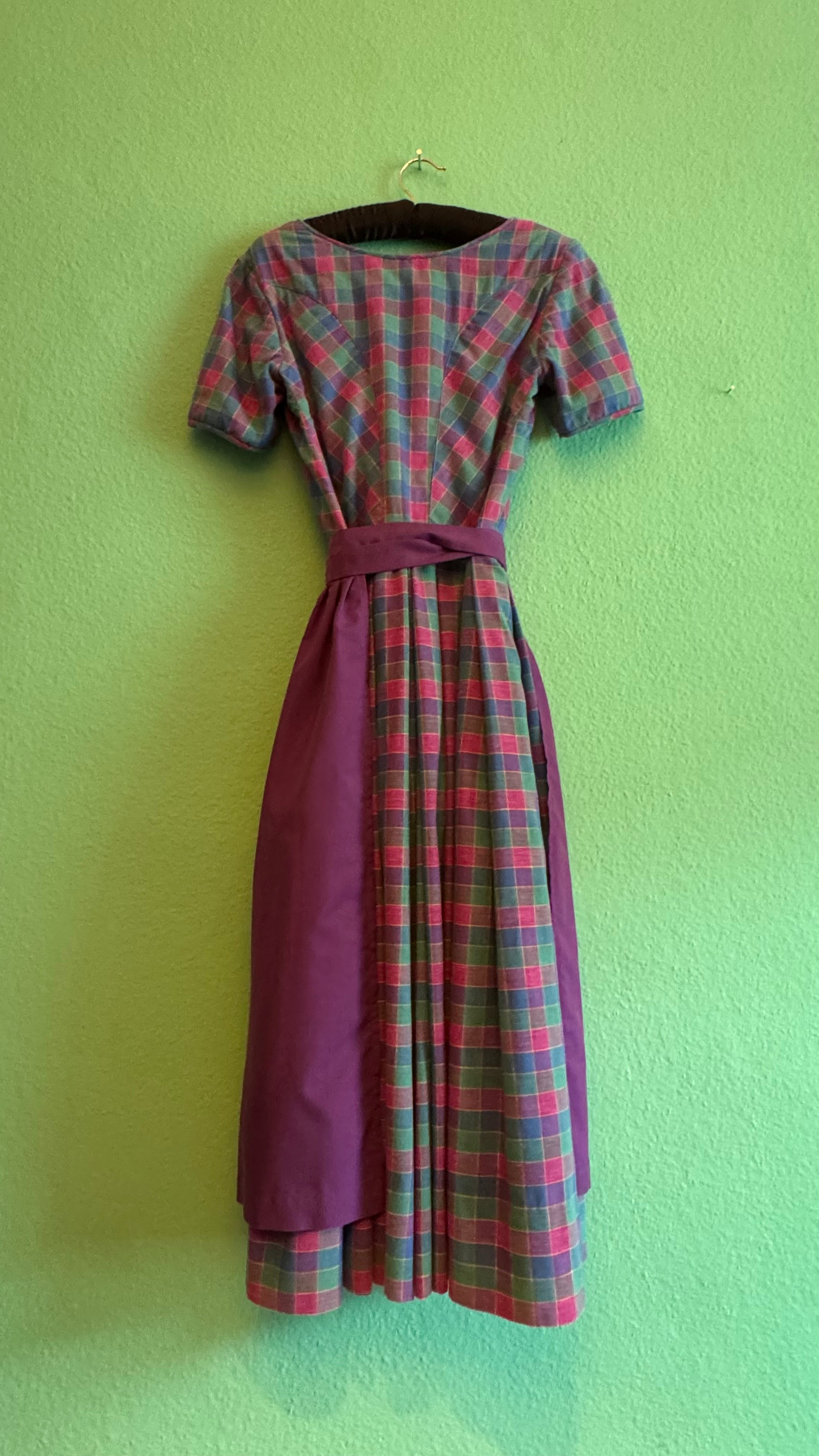 Vintage 1980s Cotton Plaid Dirndl With Plum Apron
