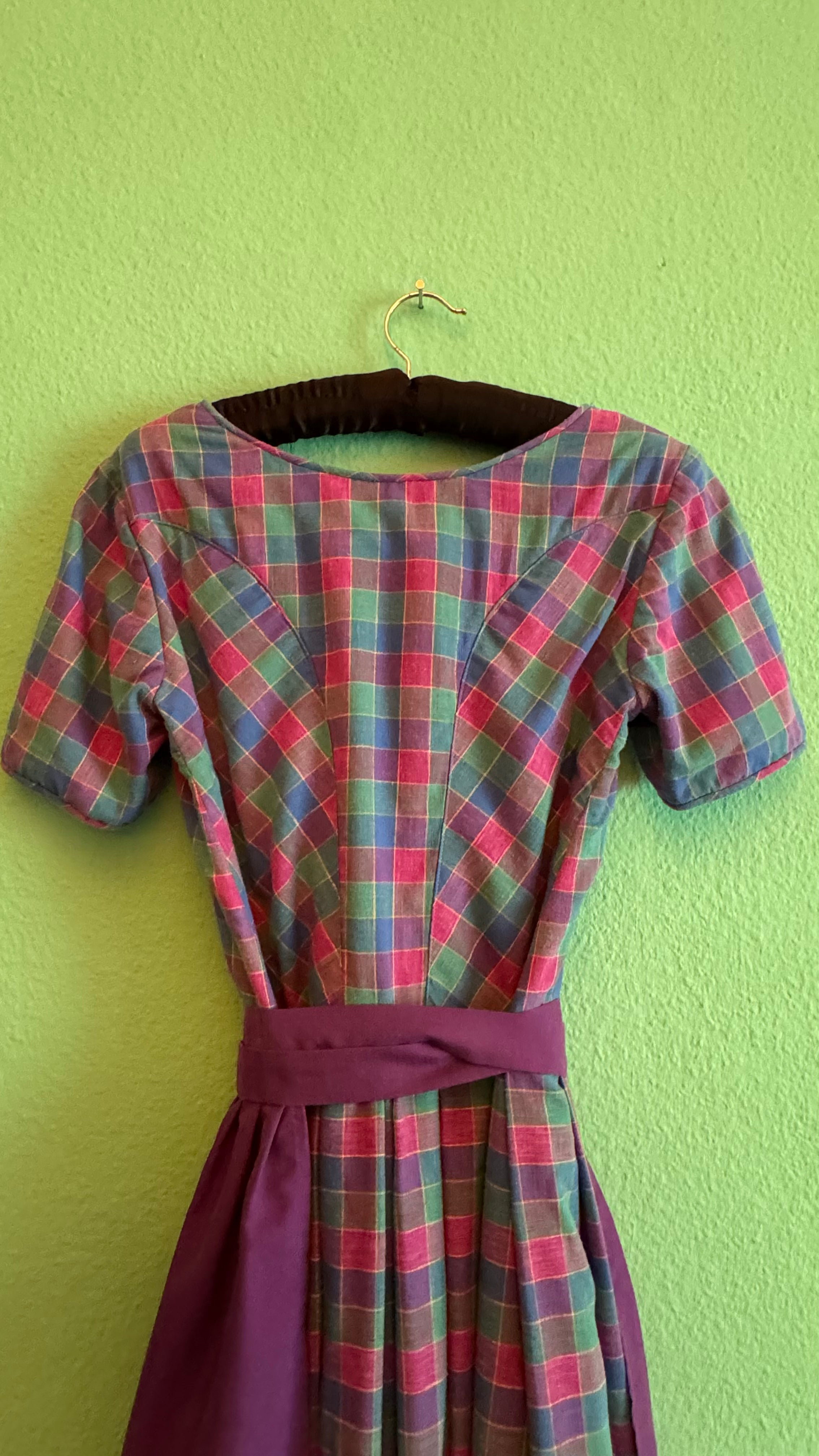 Vintage 1980s Cotton Plaid Dirndl With Plum Apron