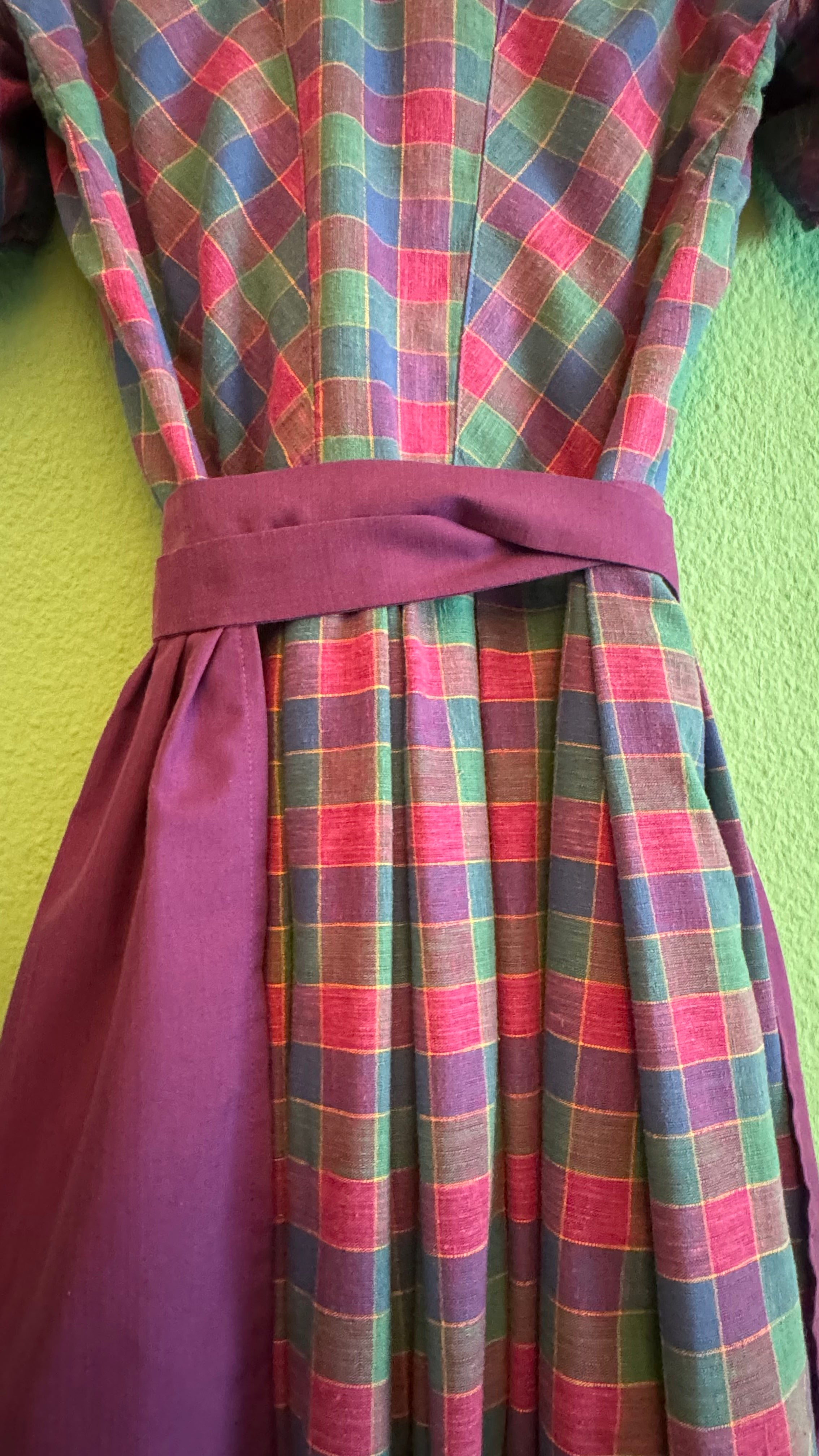 Vintage 1980s Cotton Plaid Dirndl With Plum Apron