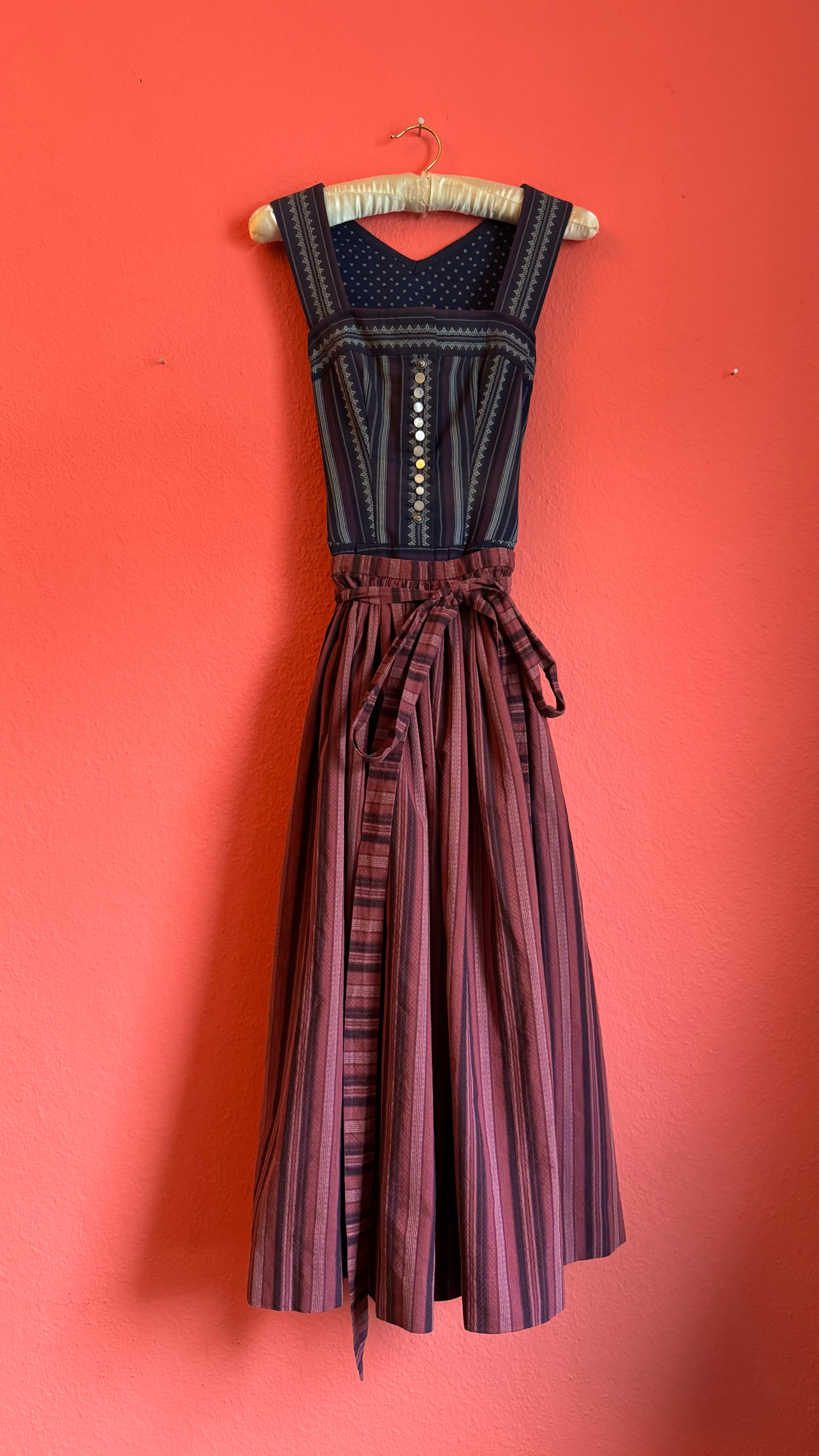 Vintage 1980s Cotton Dirndl With Striped Apron