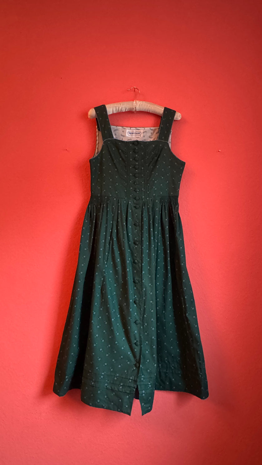 Vintage 1980s Sportalm Green Dirndl With Light Blue Apron
